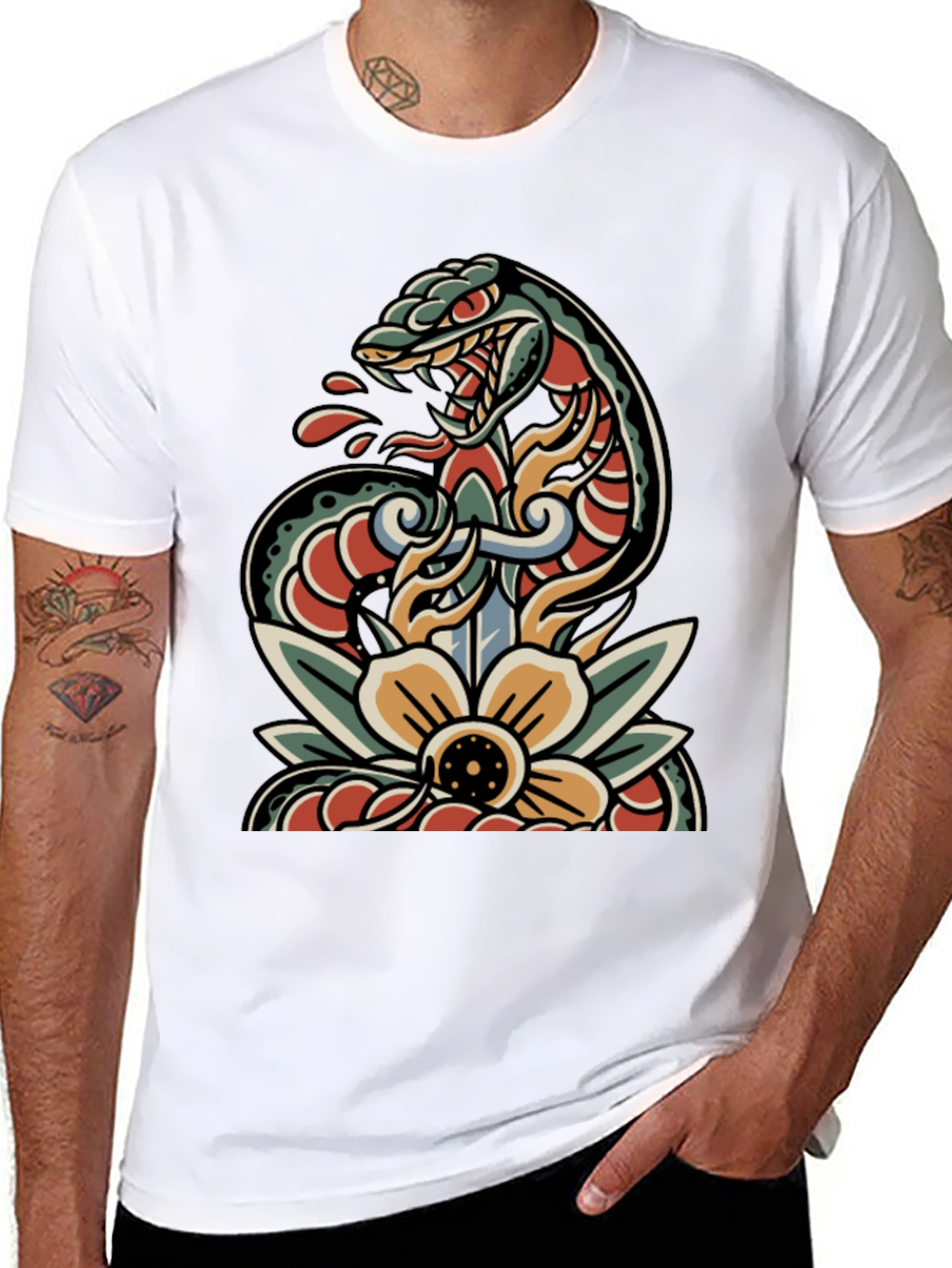 Black Snake & Dagger Tattoo Style T-Shirt view 8