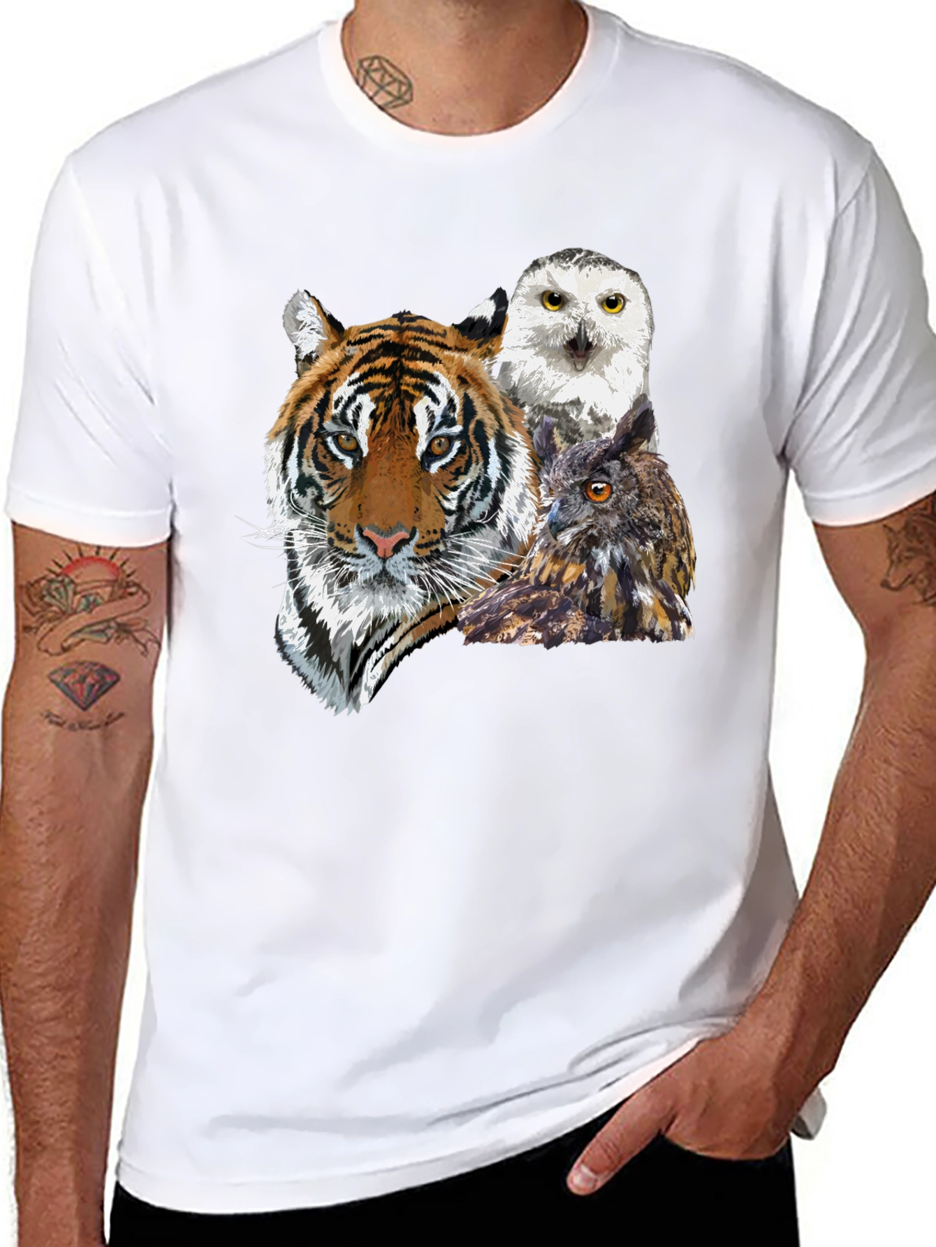 Black Tiger and Owl Graphic Tee - Men's Black T-Shirt view 8