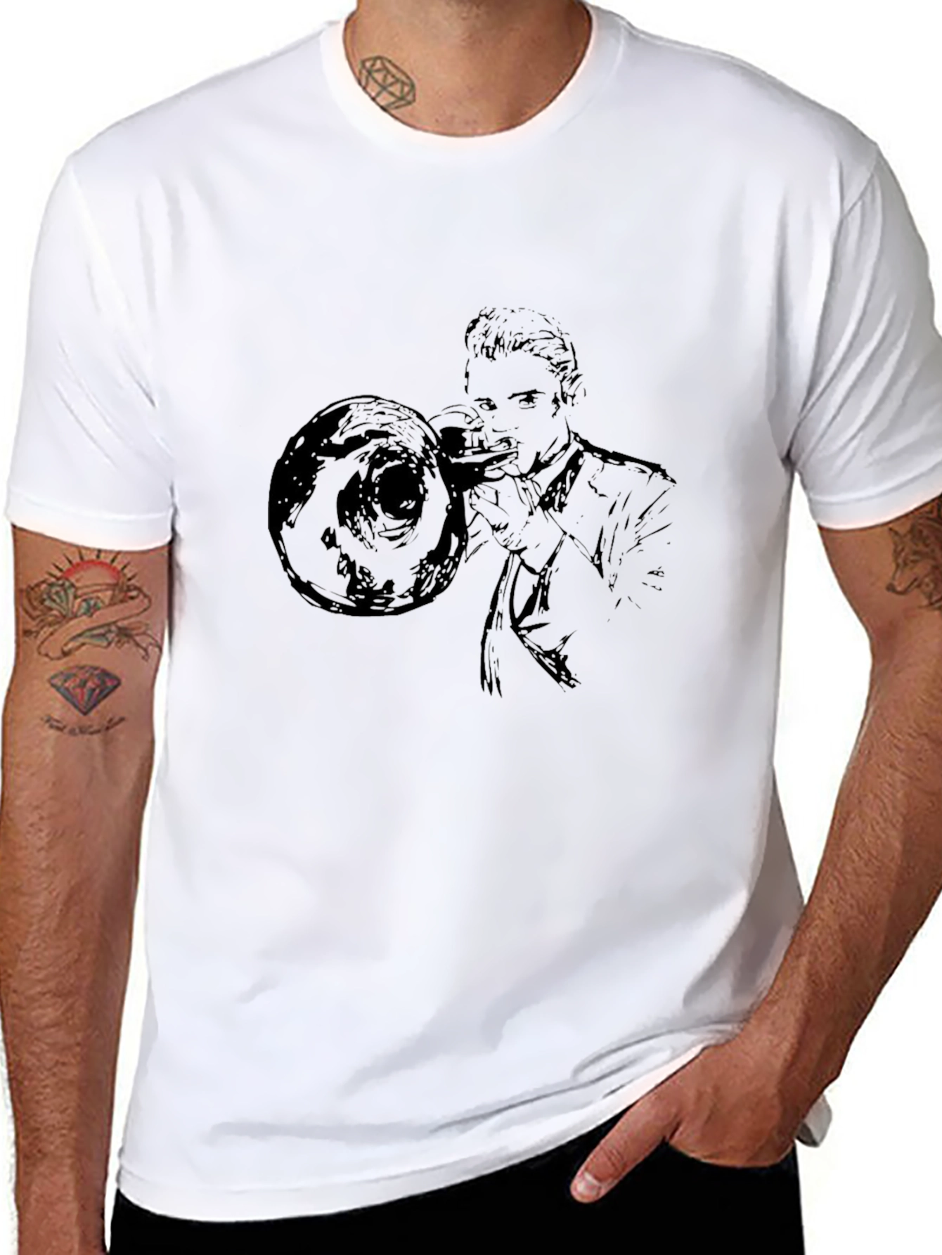 Black Trombone Player Graphic Tee - Black Cotton Shirt view 8