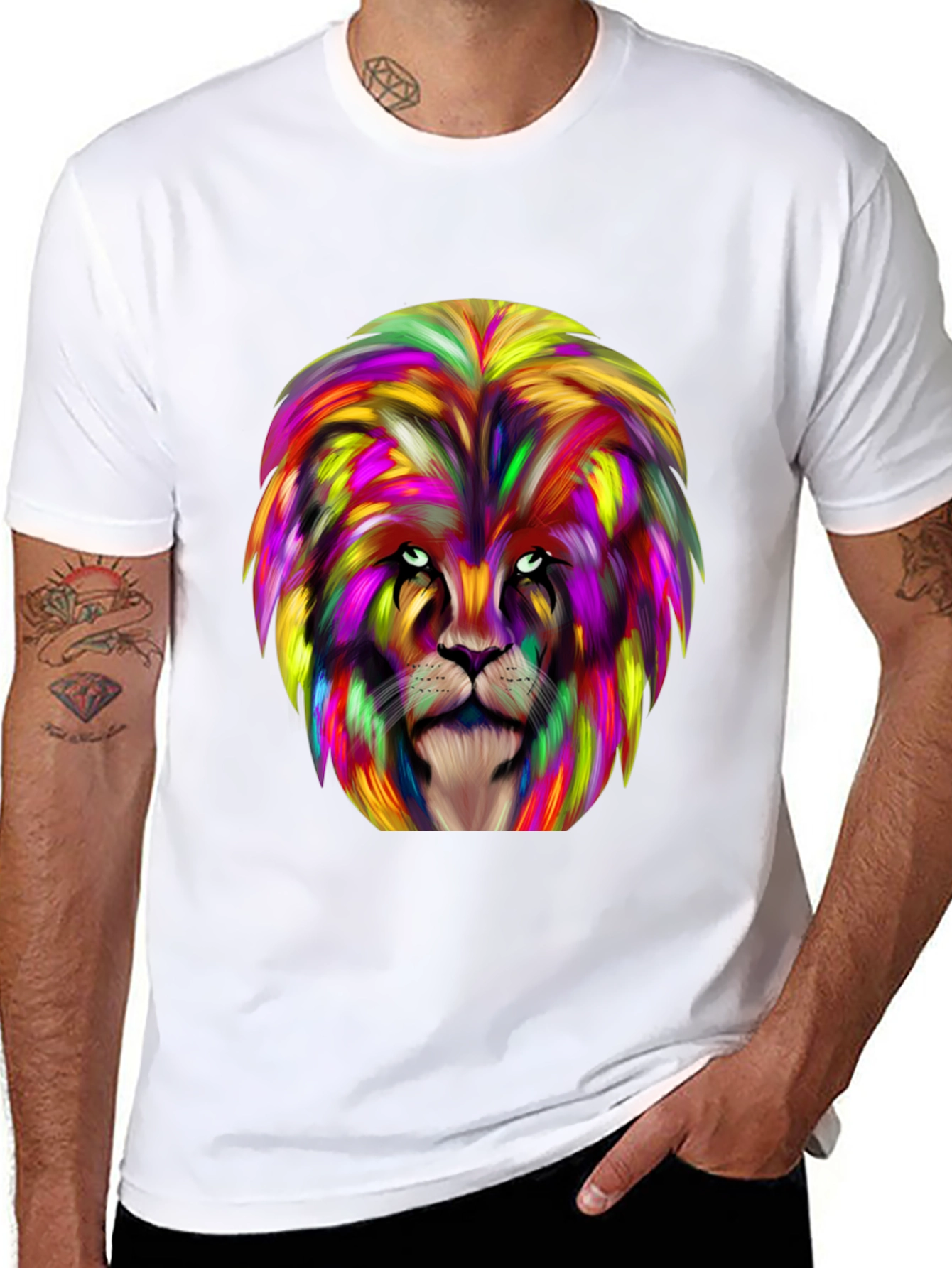 Black Colorful Lion Graphic Black T-Shirt view 8