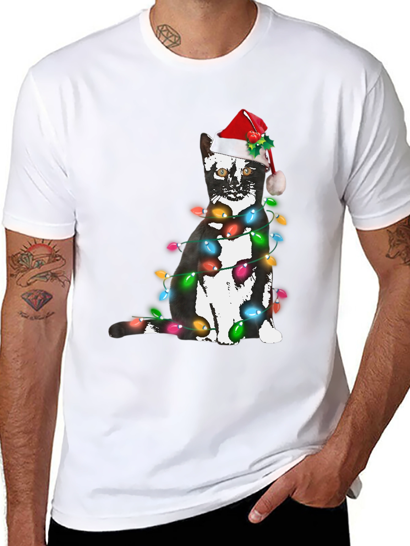 Black Festive Cat Christmas Lights T-Shirt view 8