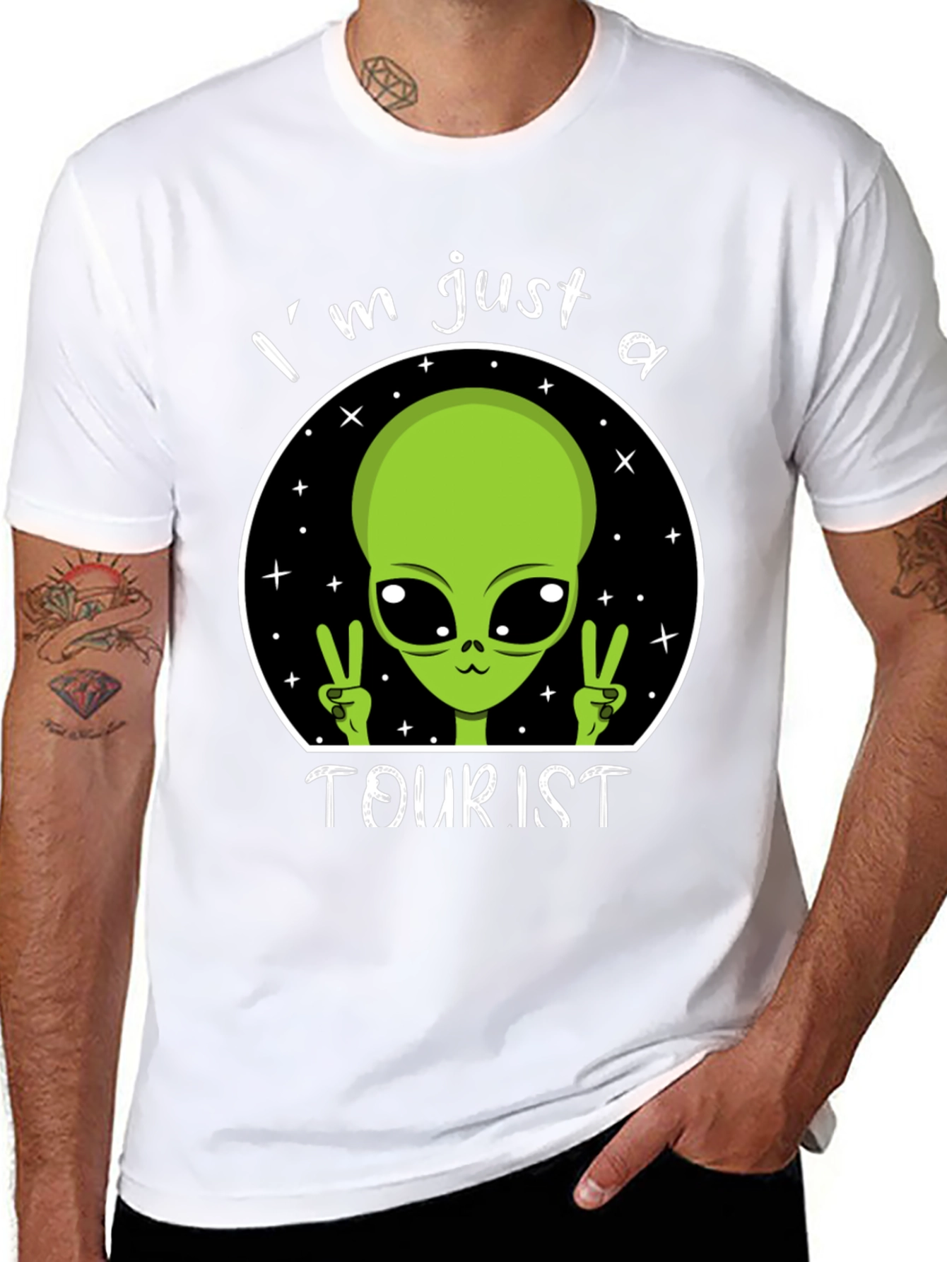 Black I'm Just A Tourist Alien T-Shirt - Outer Space Humor Tee view 8