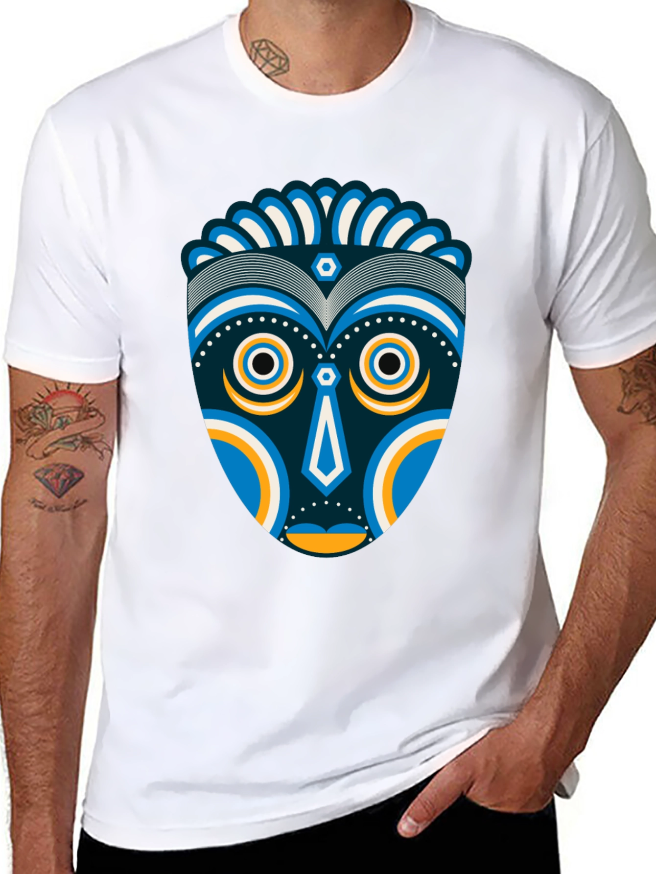 Black Tribal Mask Graphic Tee - Unique Design, Black Cotton Shirt view 8