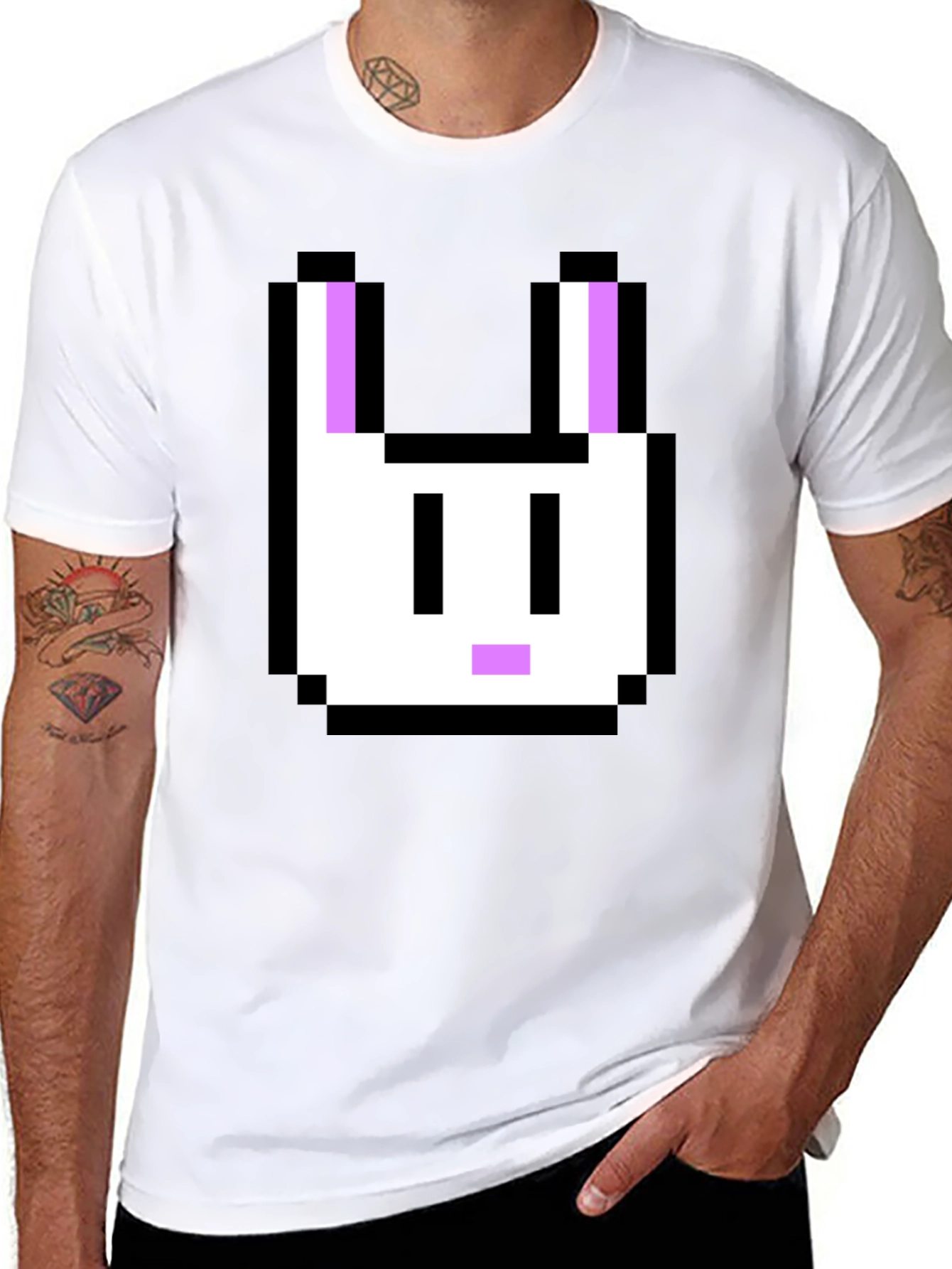 Black Pixel Bunny Graphic Tee - Black Cotton T-Shirt view 8