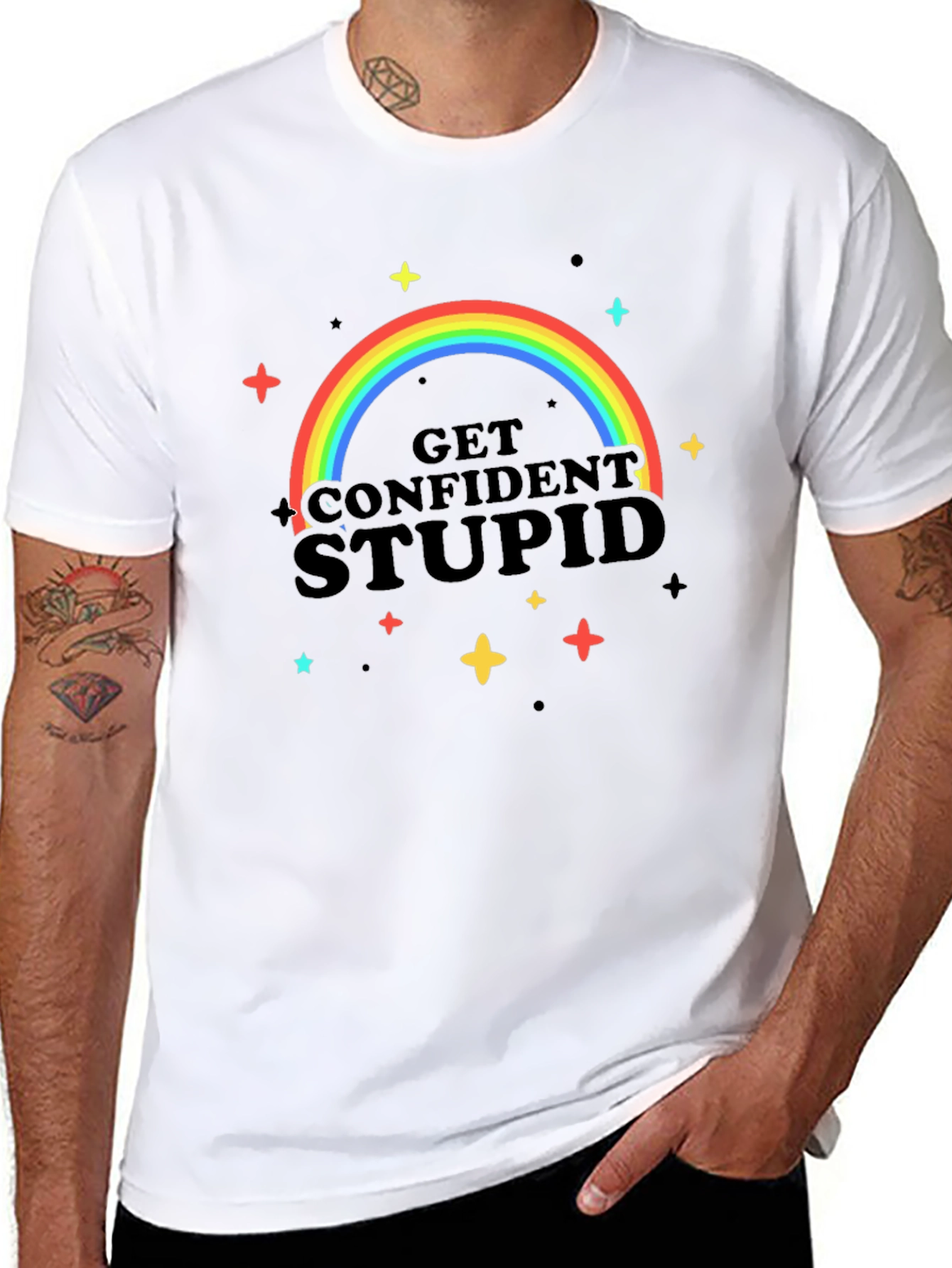 Black Get Confident Stupid Rainbow T-Shirt view 8