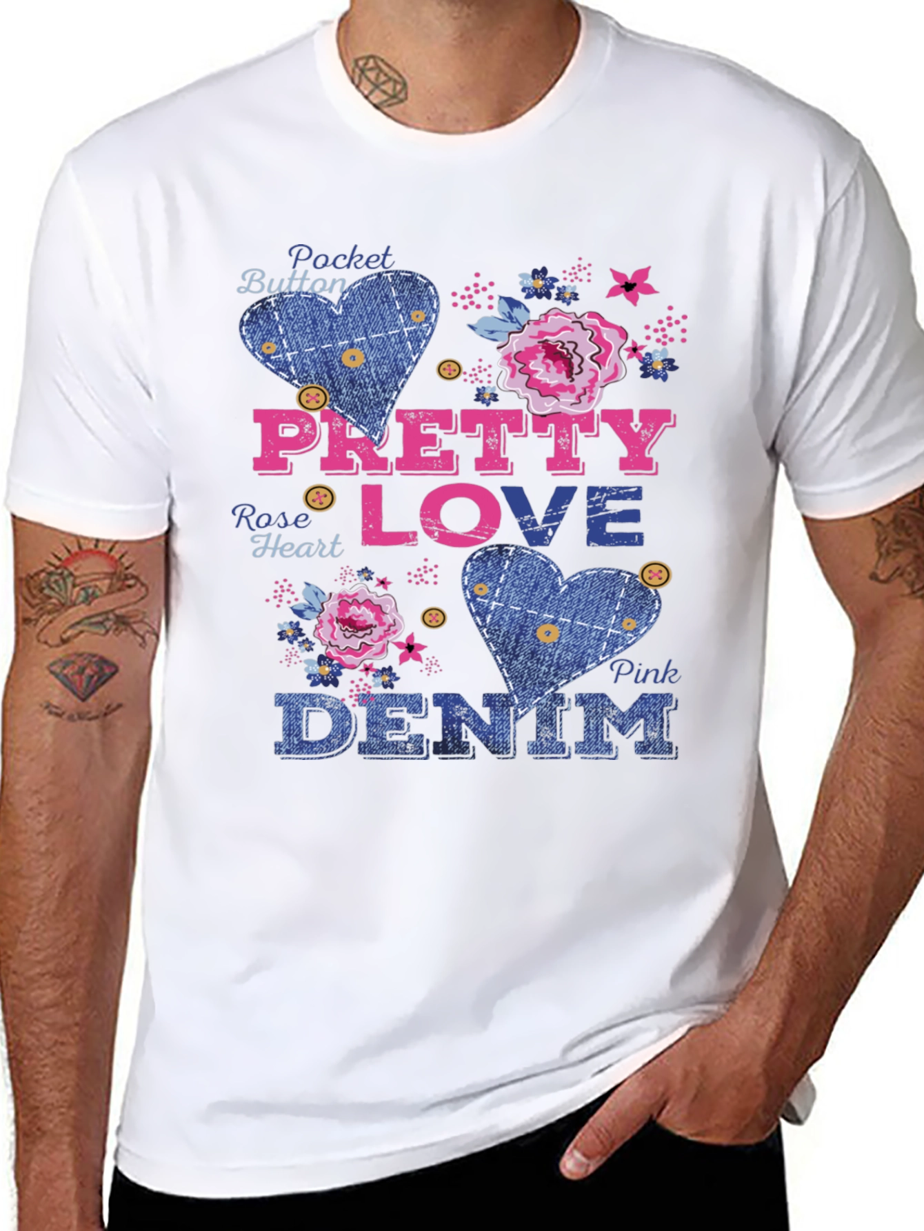 Black Pretty Love Denim Graphic Tee - Pocket Button Design view 8