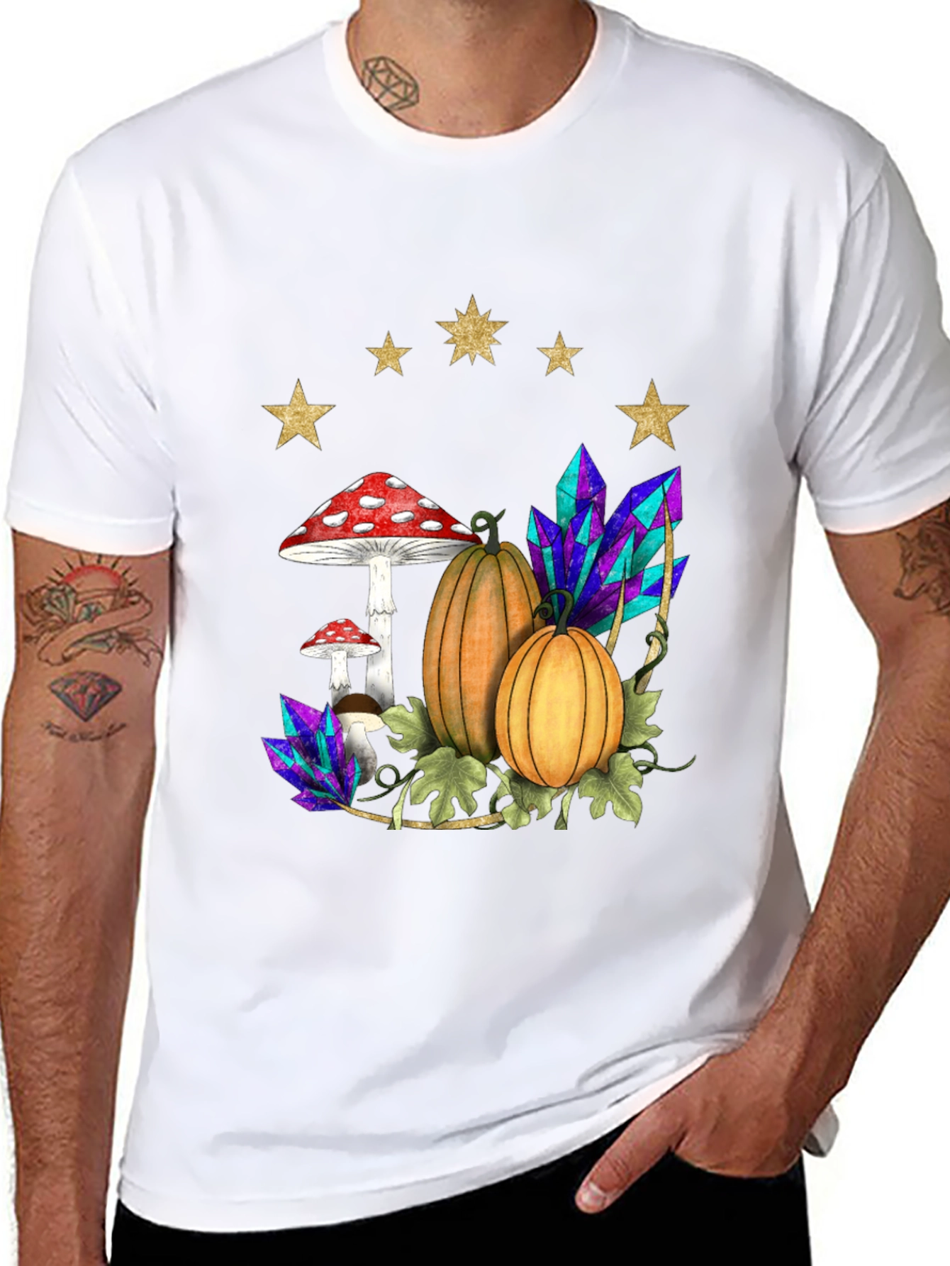 Black Whimsical Harvest T-Shirt: Pumpkins, Mushrooms & Crystals view 8