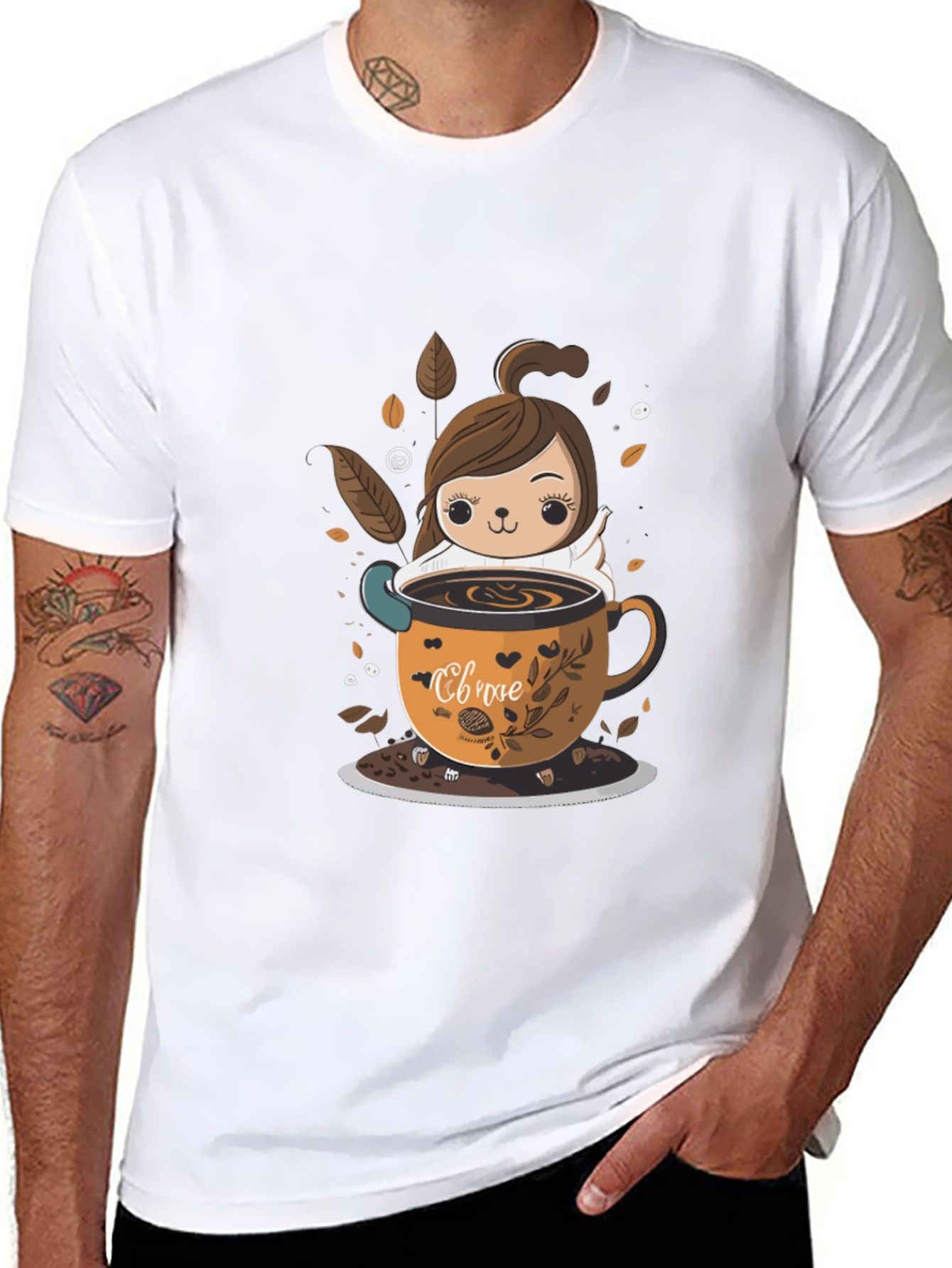 Black Cute Cartoon Coffee Lover T-Shirt view 8