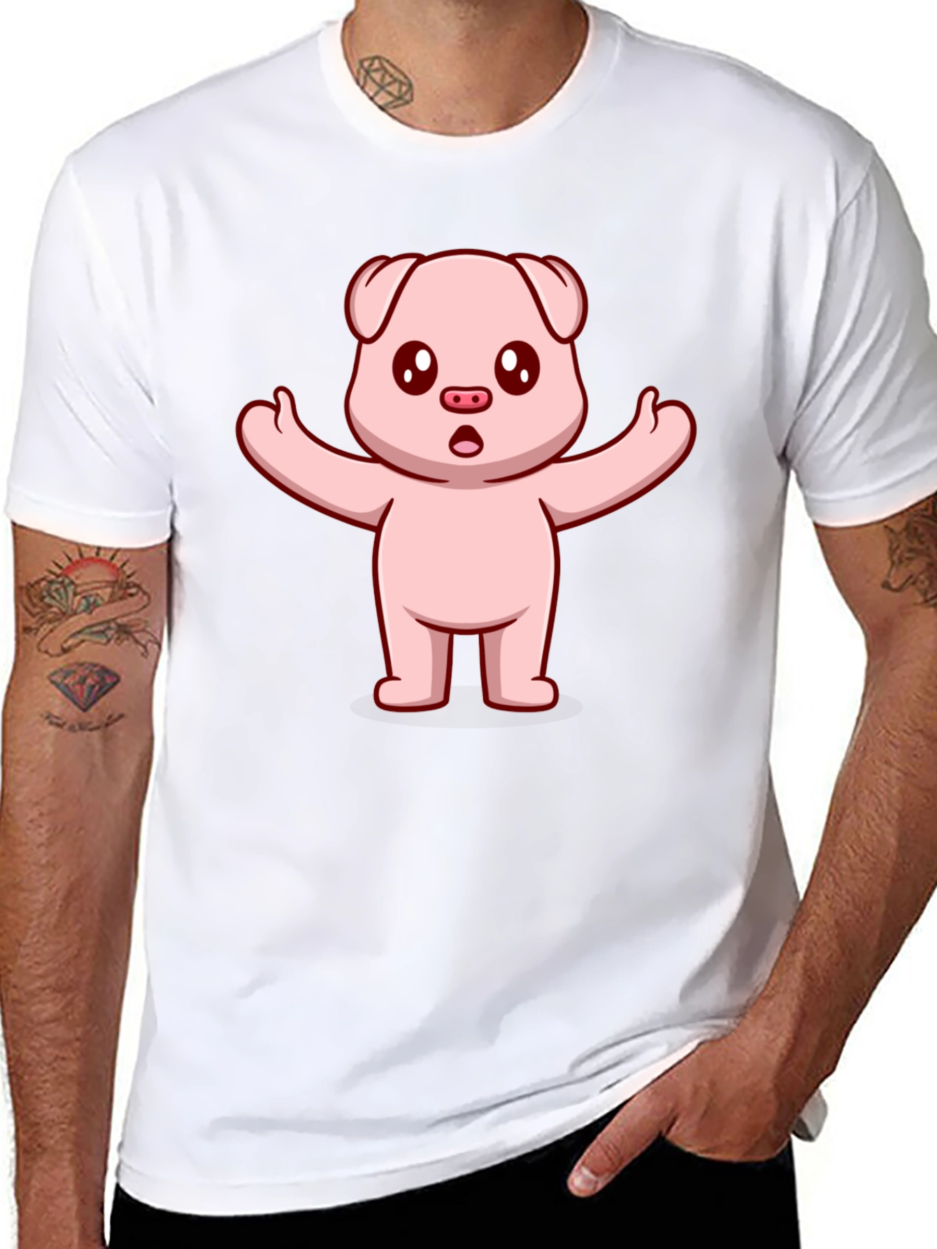 Black Cute Pig Cartoon Black T-Shirt view 8