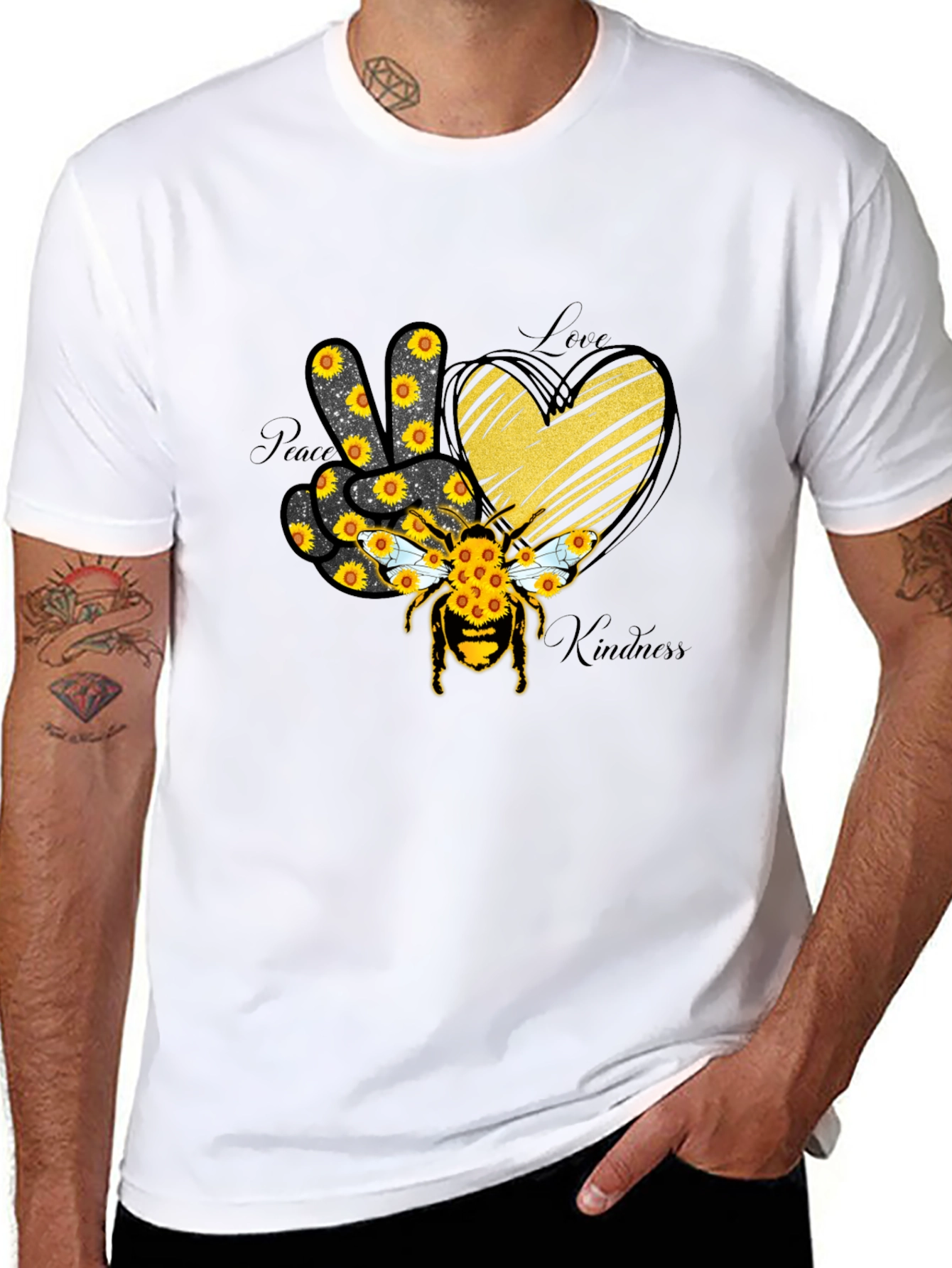 Black Peace Love Kindness Sunflower Bee T-Shirt view 8