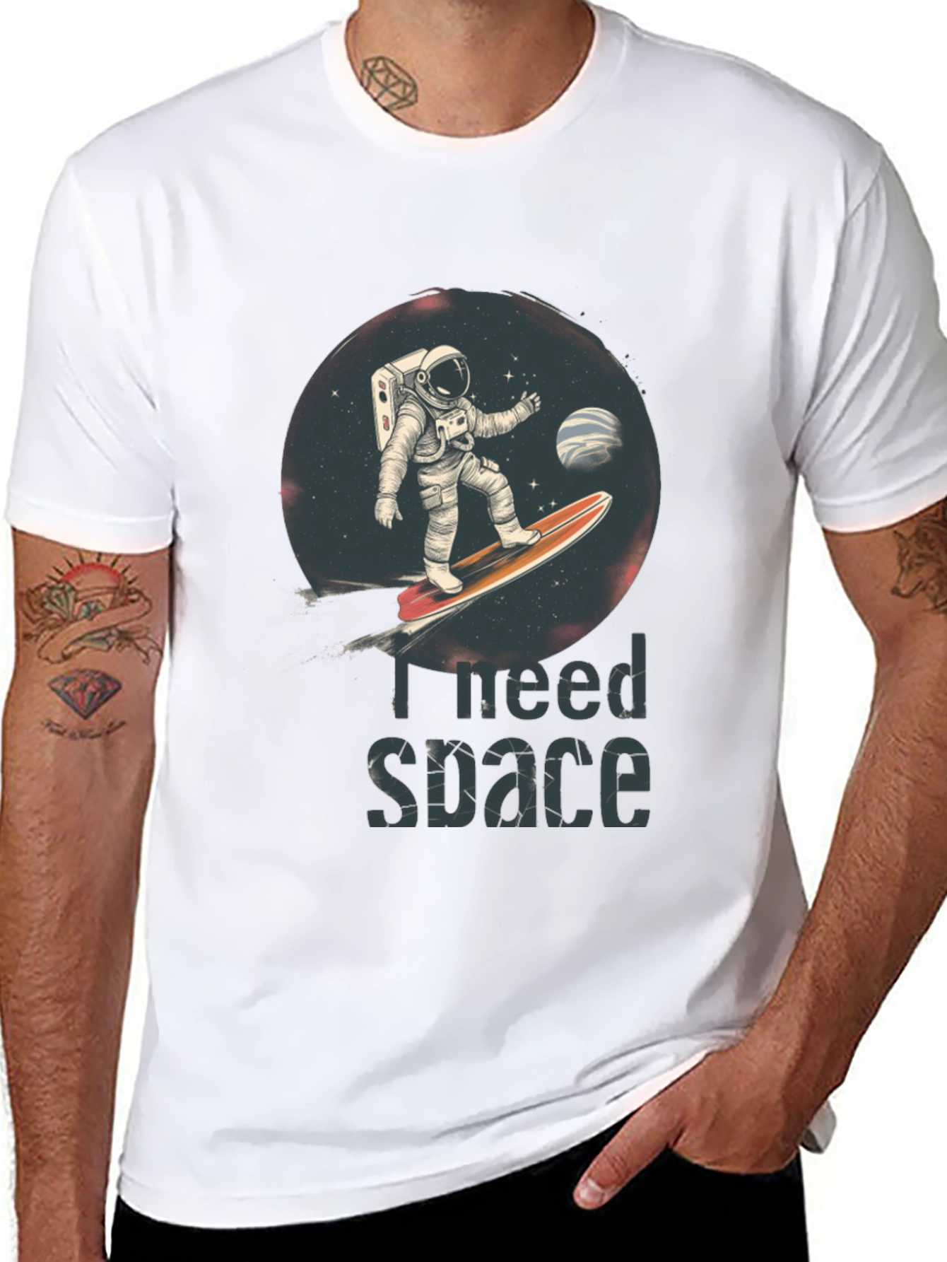 Black I Need Space T-Shirt - Astronaut Surfing Design view 8