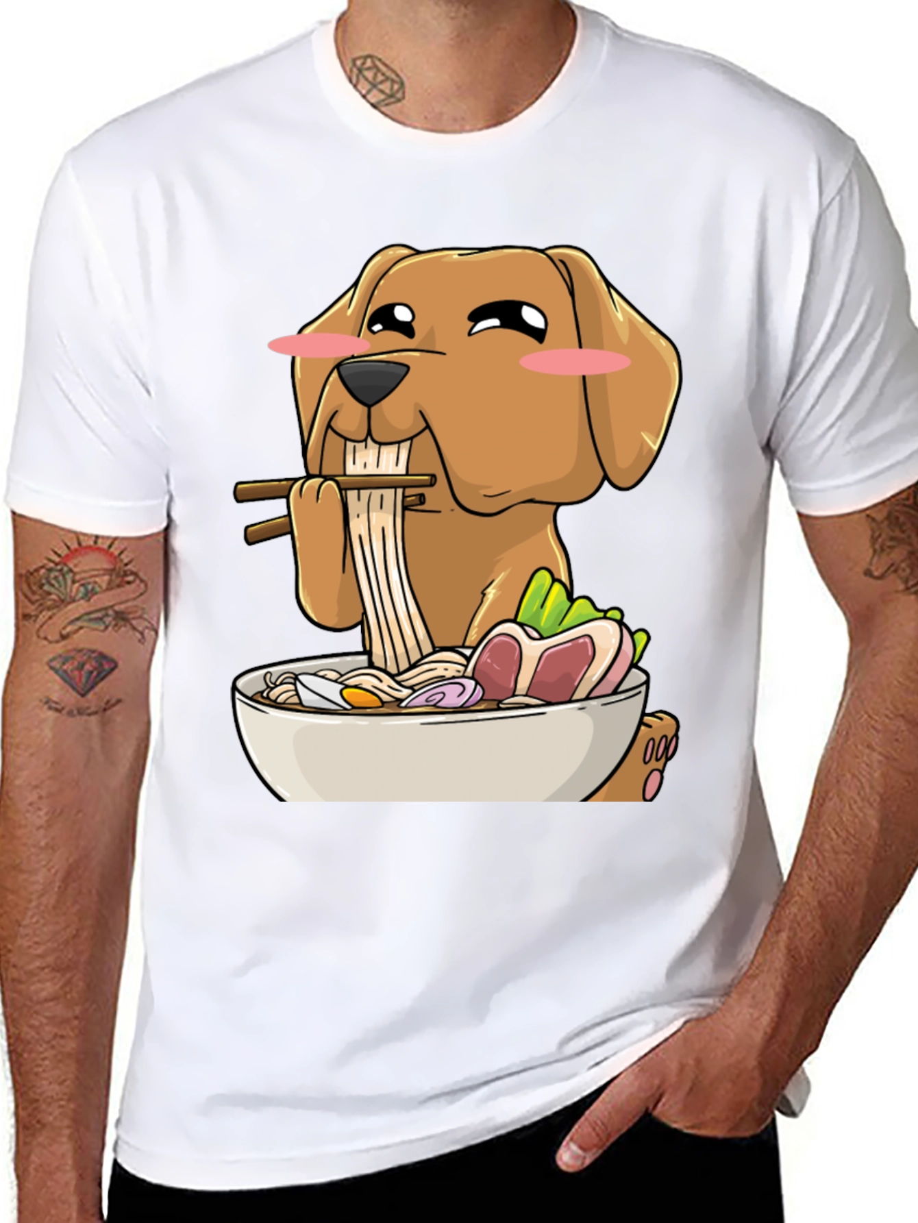 Black Dog Eating Ramen Funny T-Shirt view 8