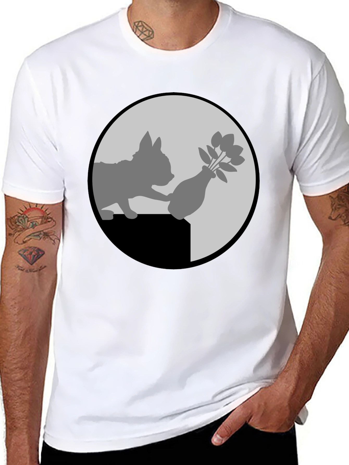 Black Cat & Vase Graphic Tee - Quirky Black T-Shirt view 8