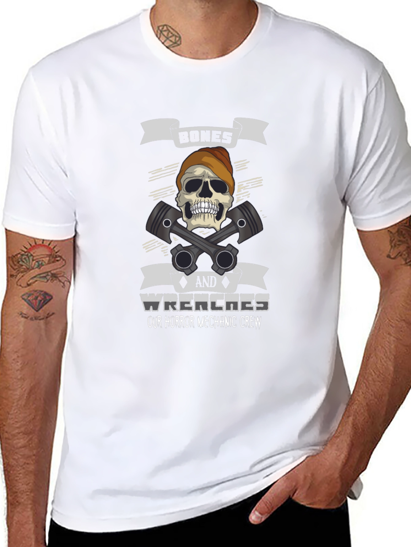 Black Bones & Wrenches Horror Mechanic Crew Black T-Shirt view 8
