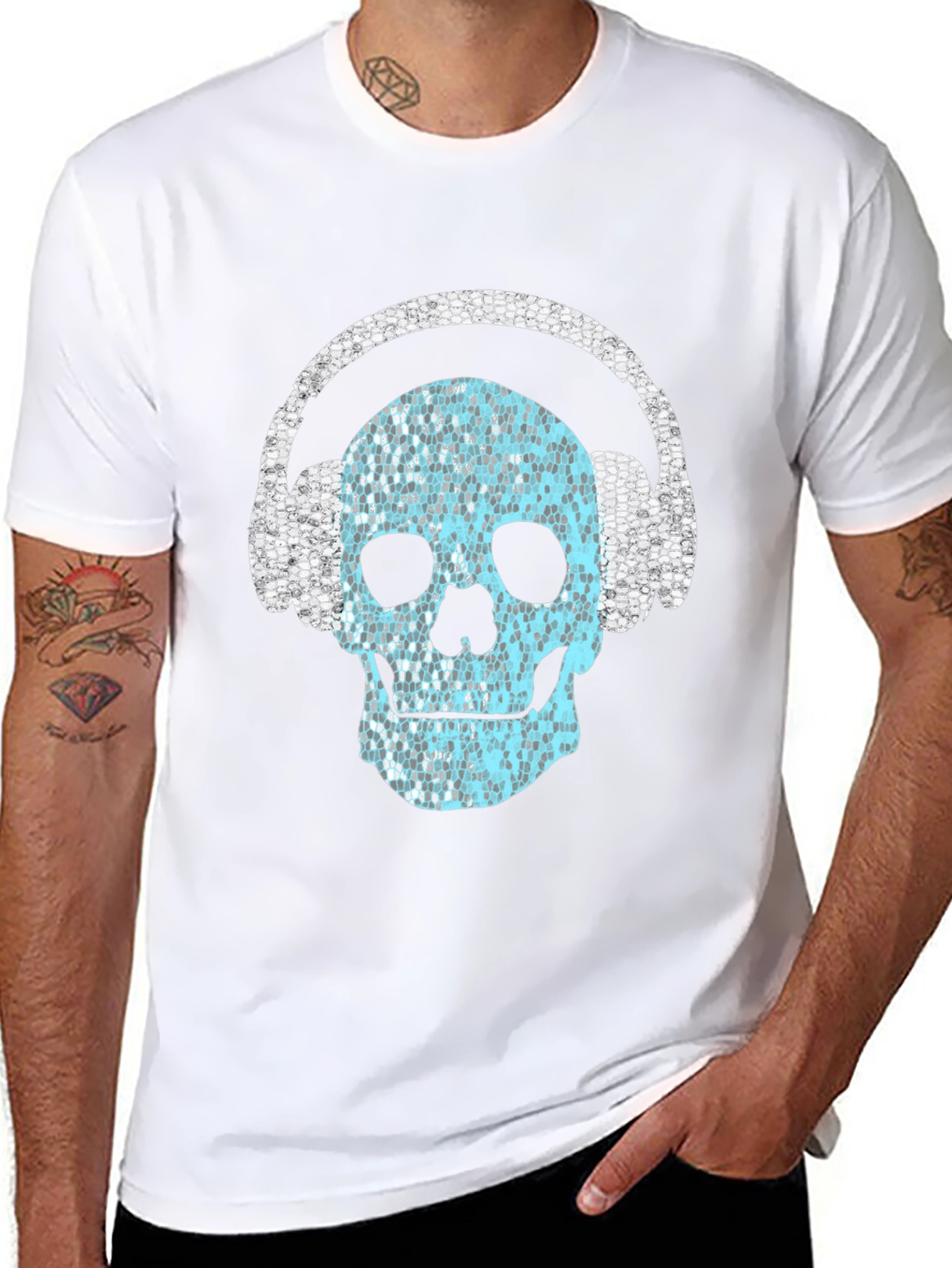 Black Skull with Headphones Graphic T-Shirt view 8