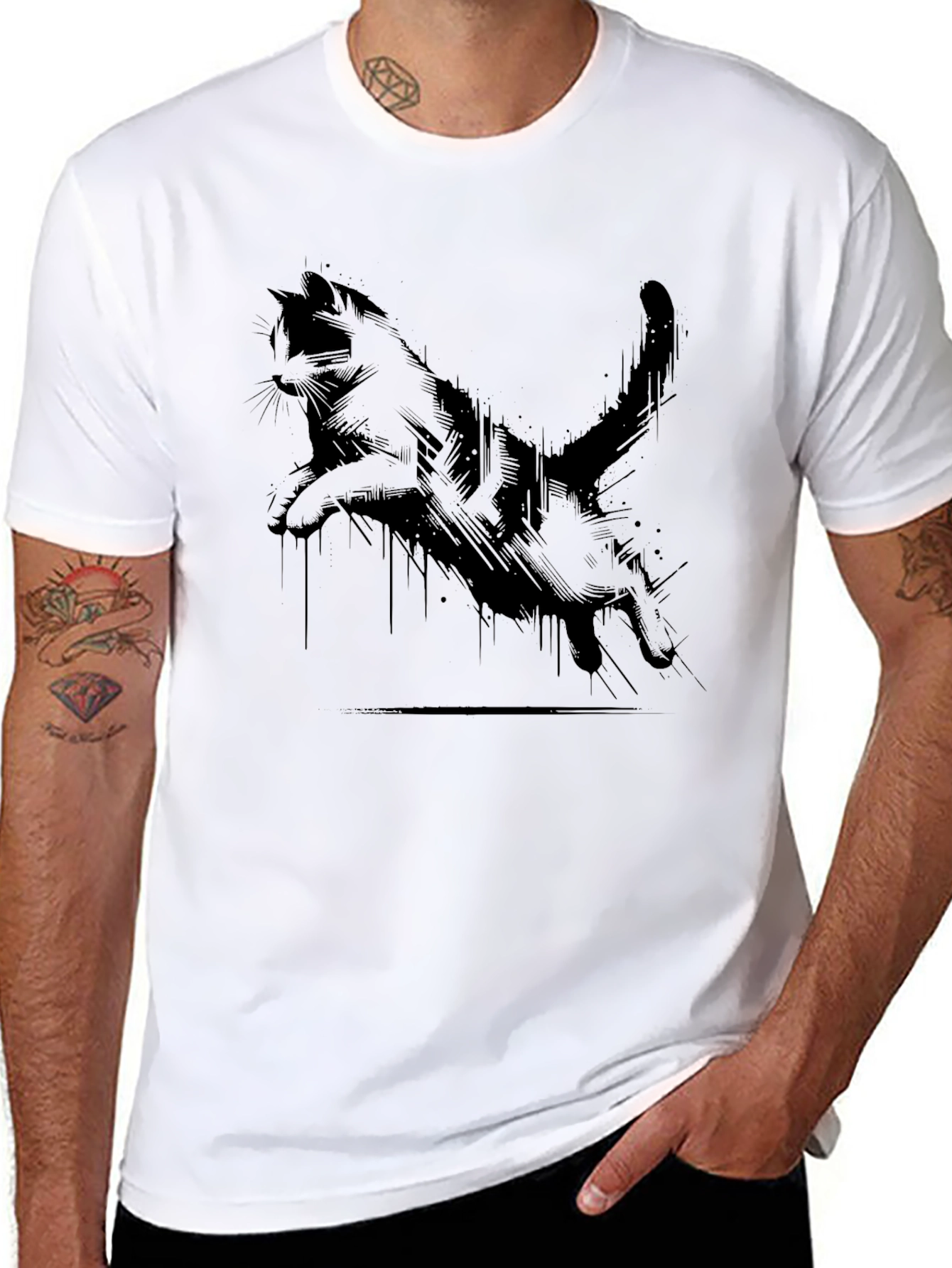 Black Cool Cat Print Black T-Shirt view 8