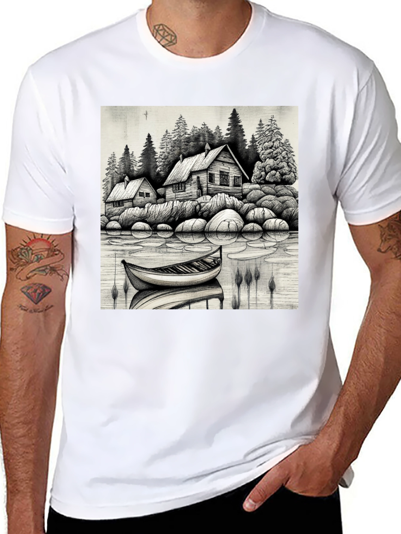 Black Cabin Lake Scene T-Shirt view 8