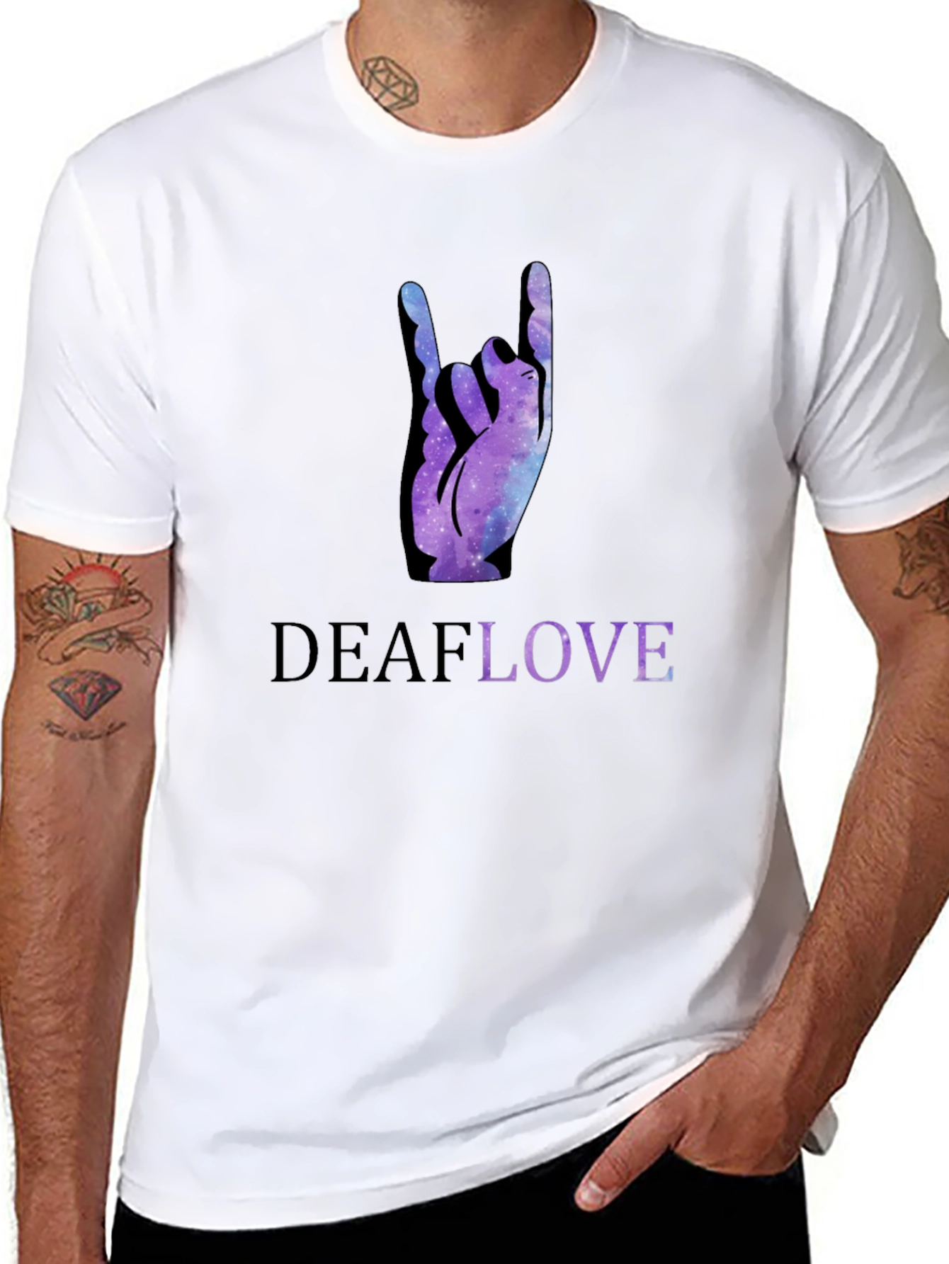 Black Deaf Love Galaxy Hand Sign Black T-Shirt view 8