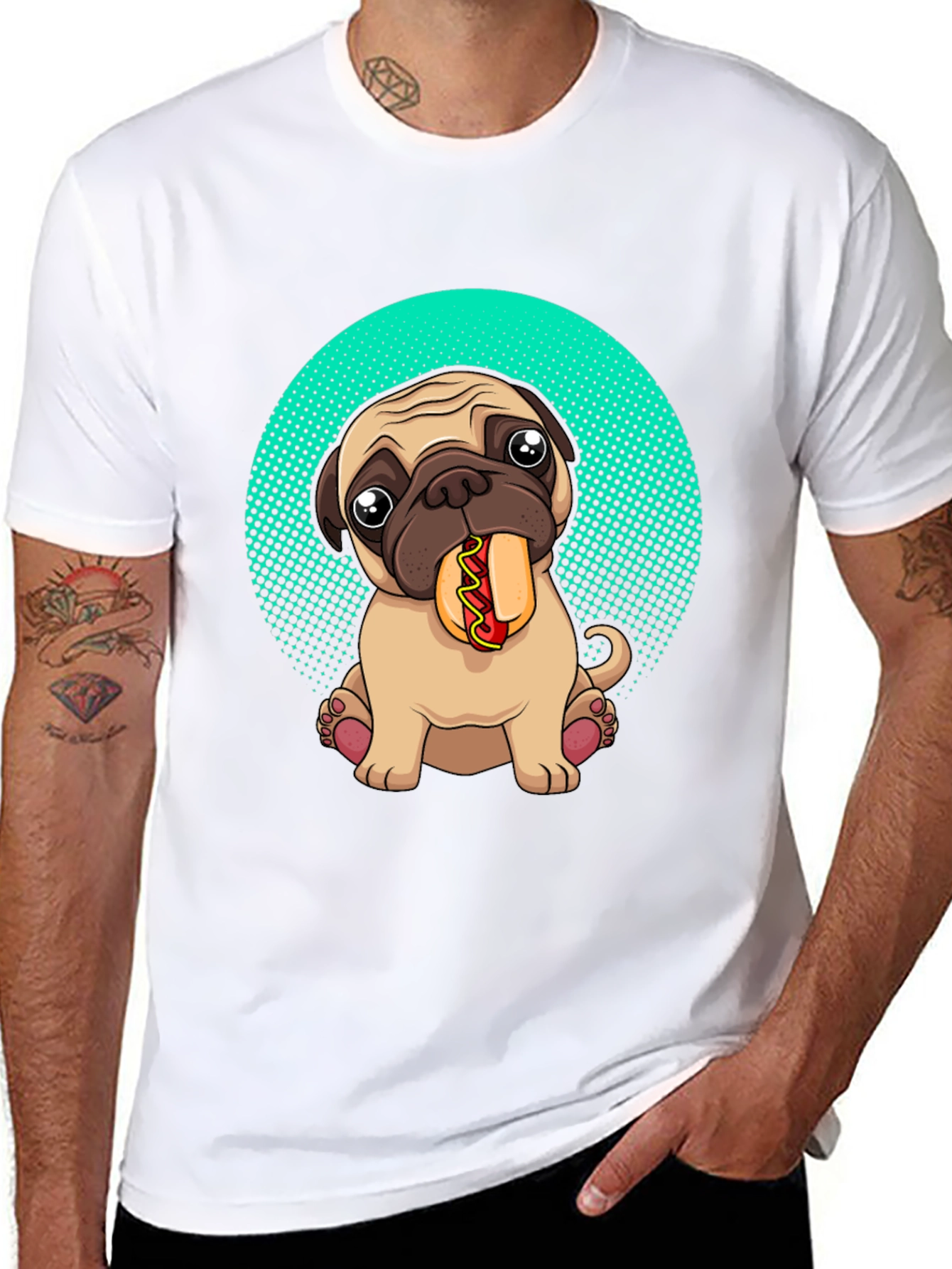 Black Pug Eating Hotdog Graphic T-Shirt - Cute Dog Tee view 8