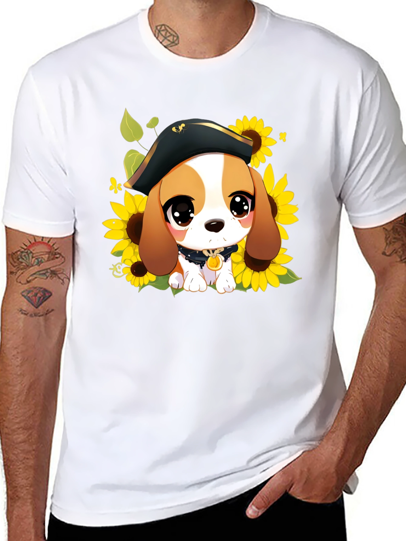 Black Cute Cartoon Beagle in Pirate Hat T-Shirt view 8