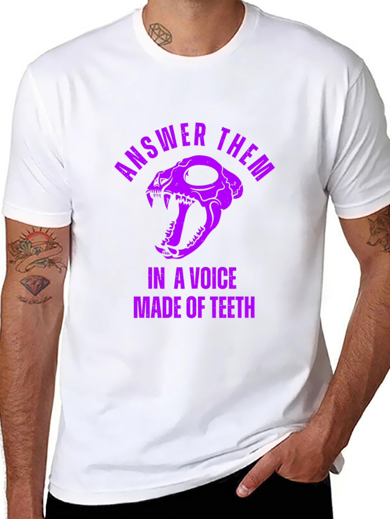 Black Answer Them T-Shirt: Skull & Teeth Design view 8