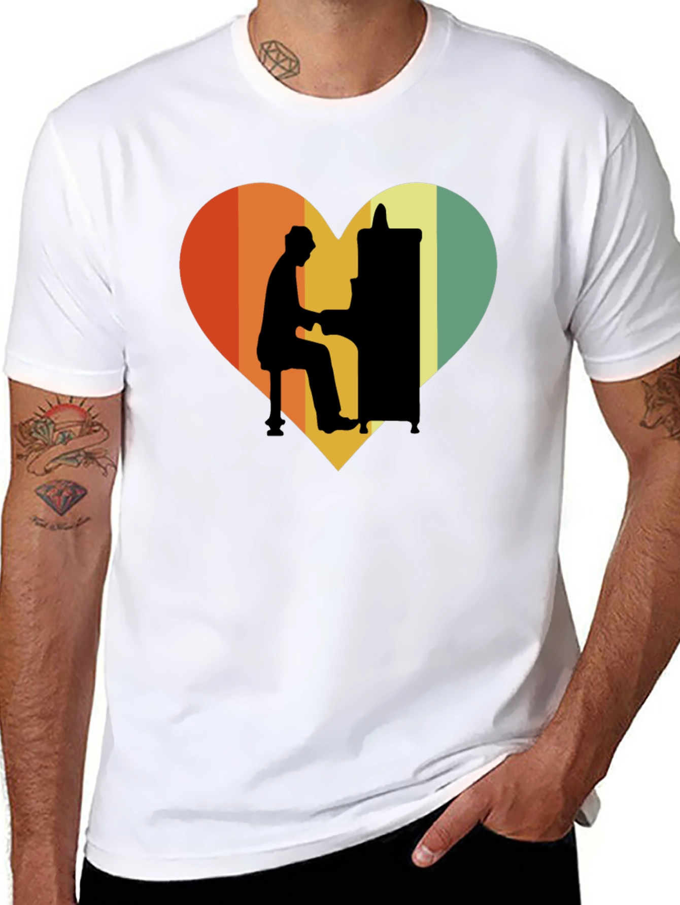Black Retro Heart Piano Player Graphic T-Shirt view 8