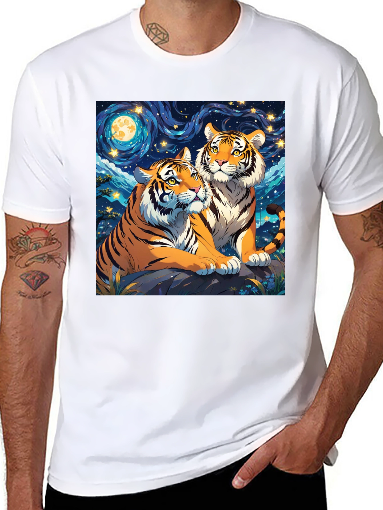 Black Tiger Lovers T-Shirt: Starry Night Design view 8