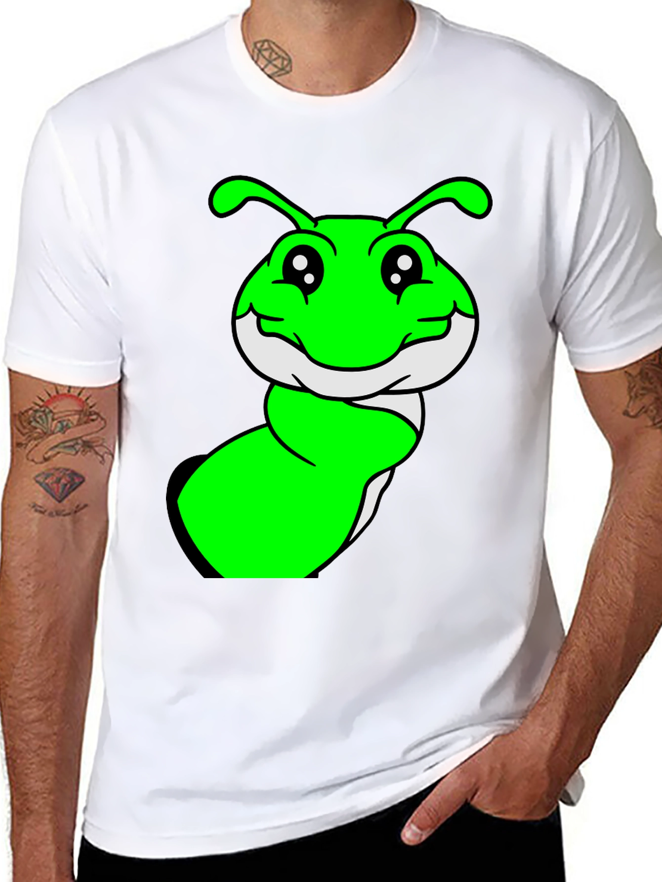 Black Green Cartoon Worm Graphic T-Shirt view 8
