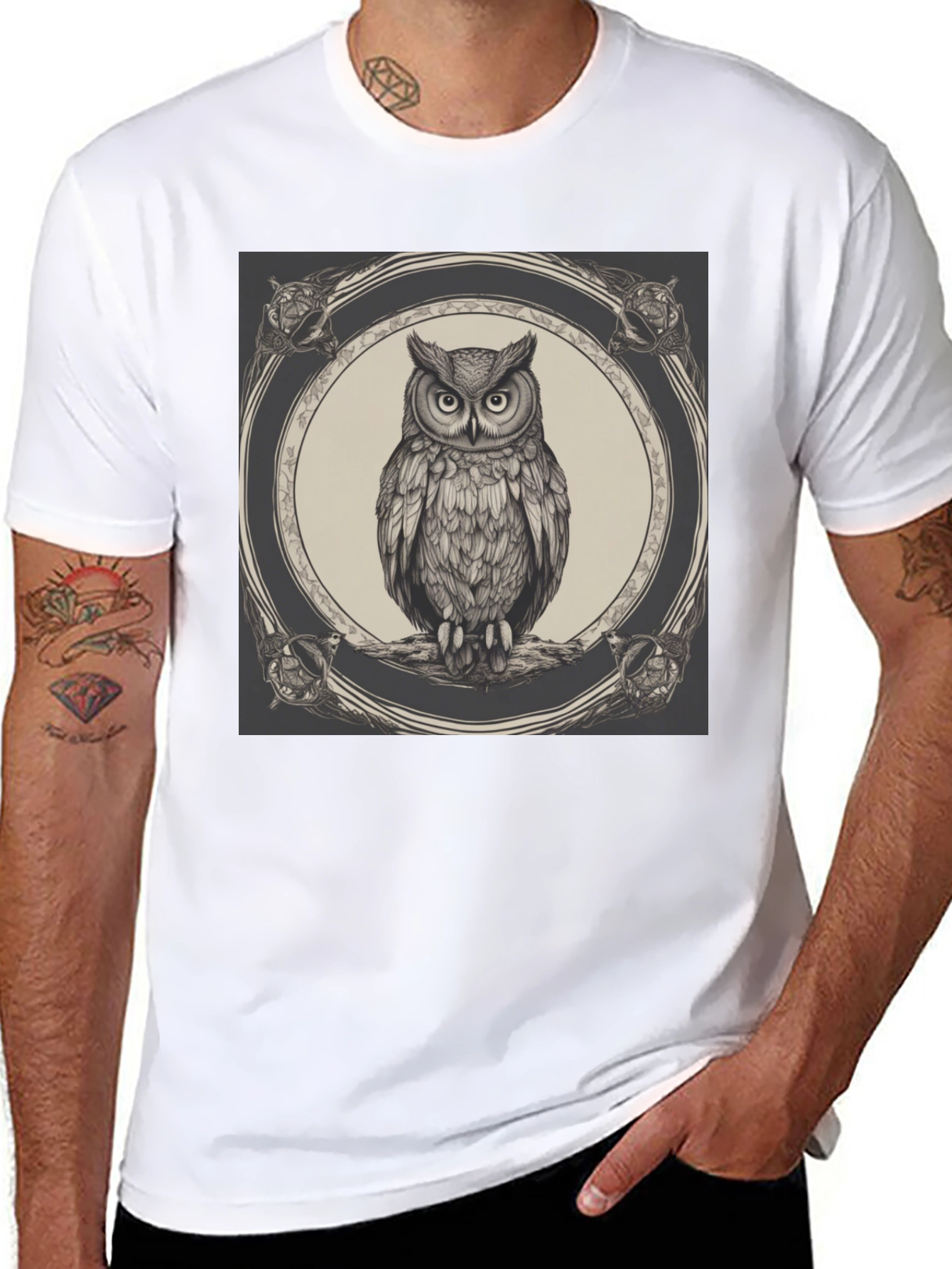 Black Owl Graphic Print Black Crew Neck T-Shirt view 8