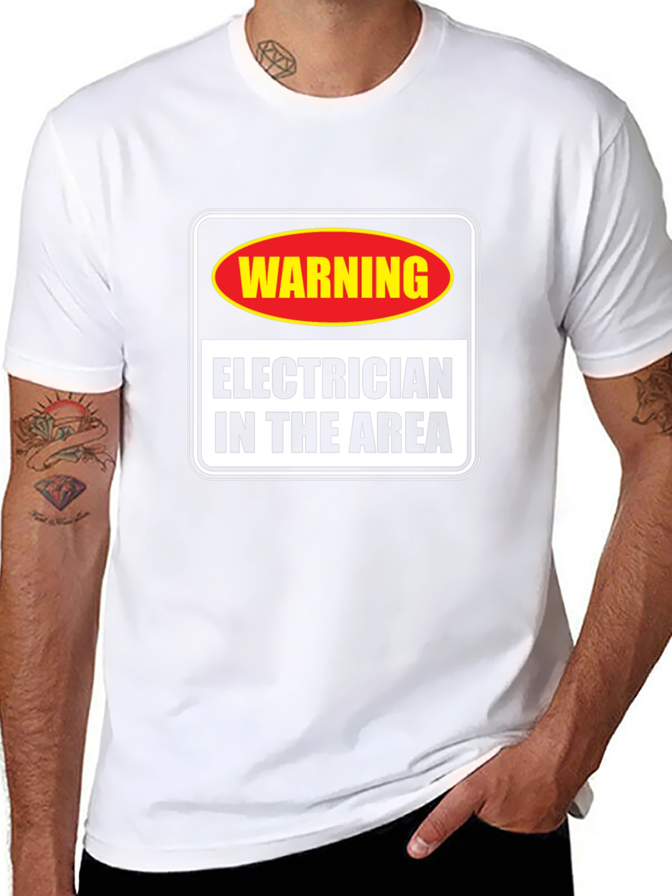 Black Warning Electrician in Area T-Shirt view 8