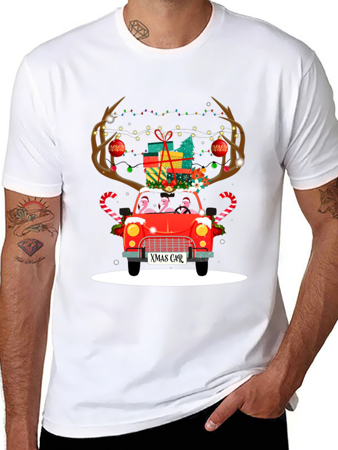 Black Festive Flamingo Xmas Car T-Shirt view 8
