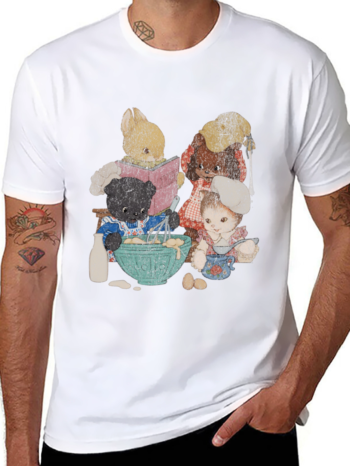 Black Retro Cartoon Animal Baking Crew Graphic Tee view 8