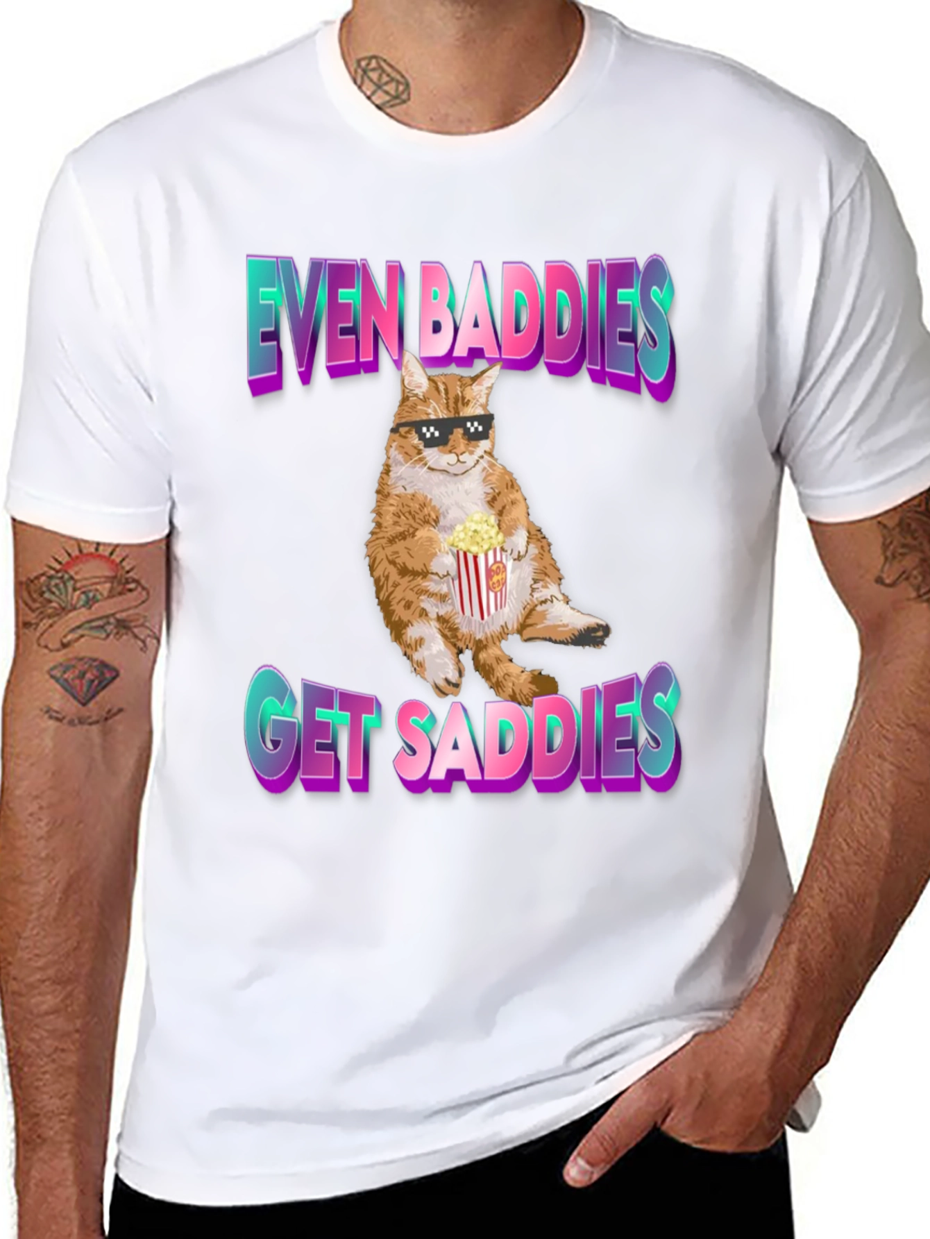 Black Even Baddies Get Saddies T-Shirt - Cat with Popcorn view 8