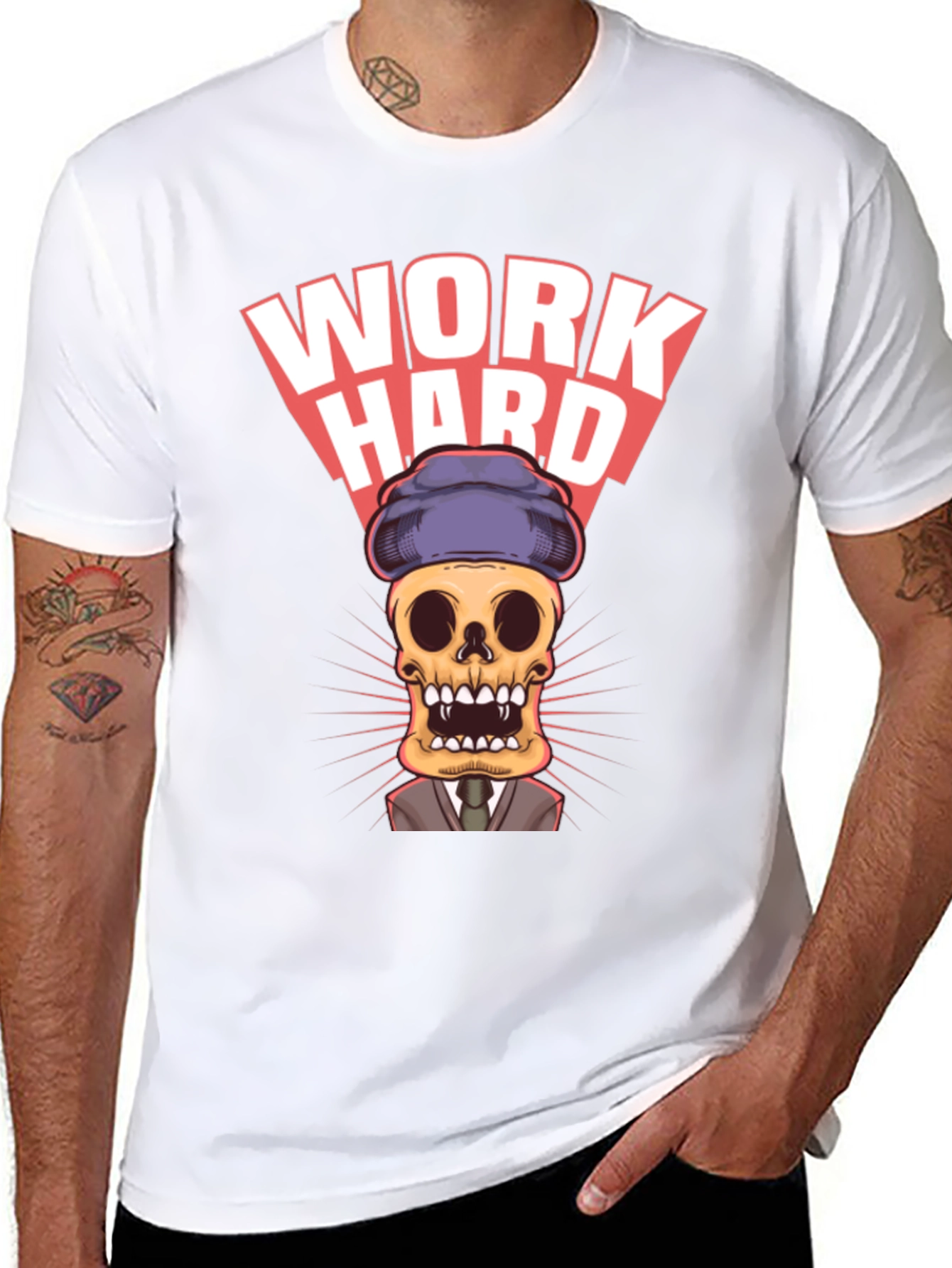 Black Work Hard Skull Graphic Tee - Premium Cotton Blend view 8