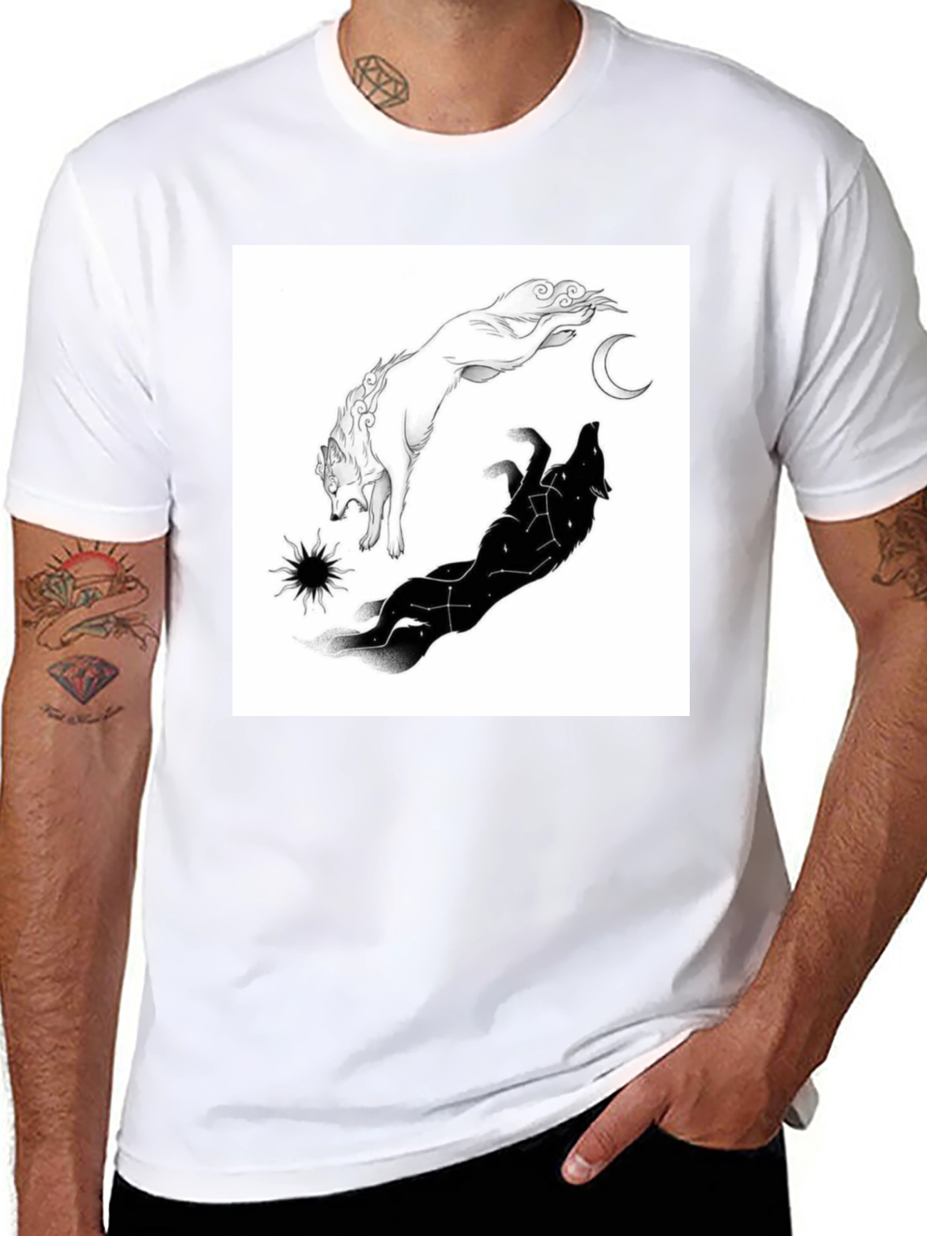 Black Yin Yang Wolf Graphic T-Shirt - Celestial Design view 8