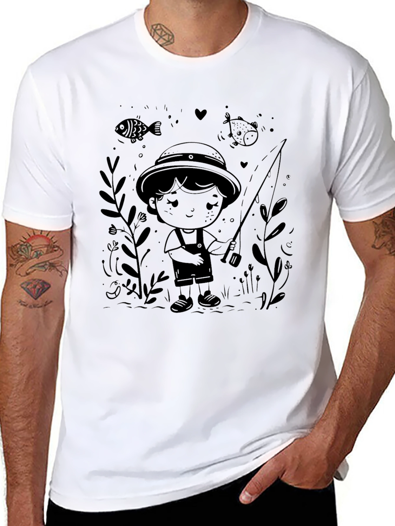 Black Boy Fishing Graphic Tee - Black Casual T-Shirt view 8