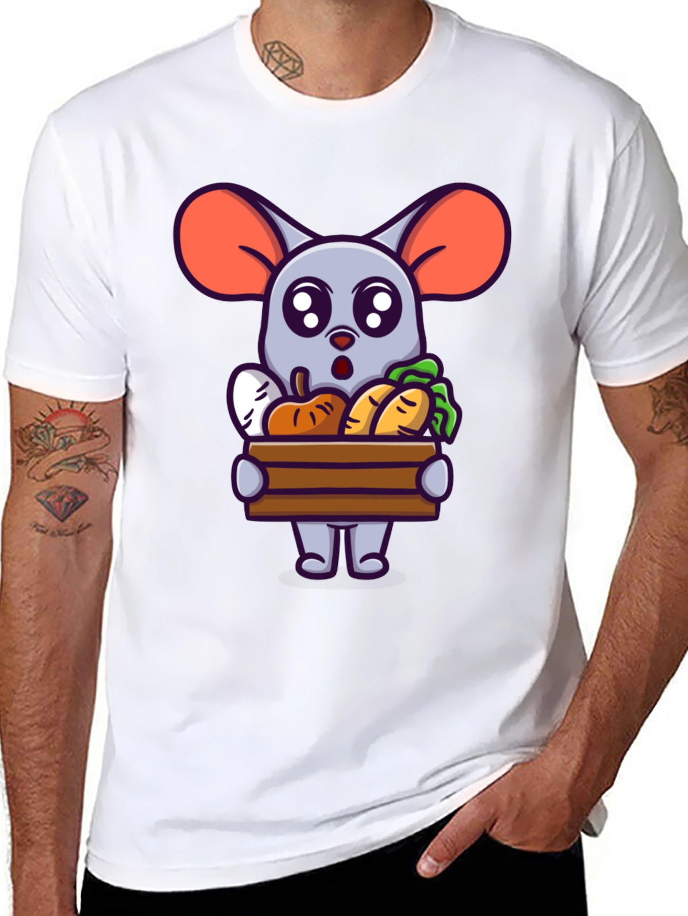 Black Cute Cartoon Mouse with Veggies T-Shirt view 8