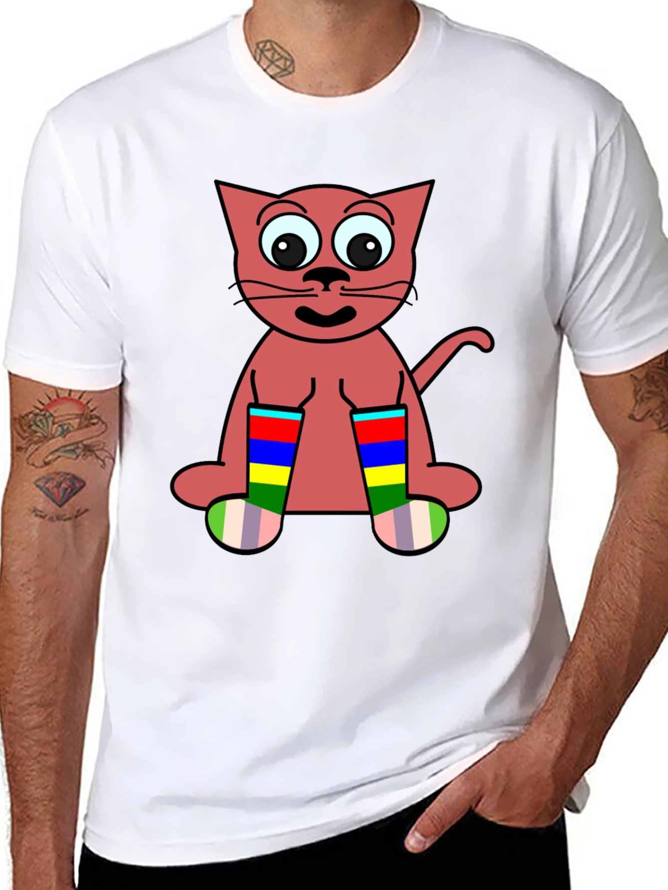 Black Cartoon Cat Rainbow Socks Black T-Shirt view 8