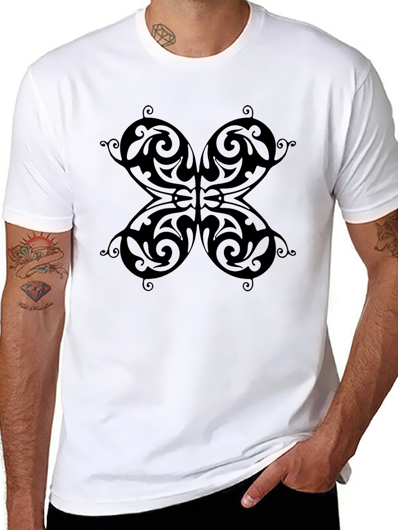 Black Butterfly Patterned Black T-Shirt view 8