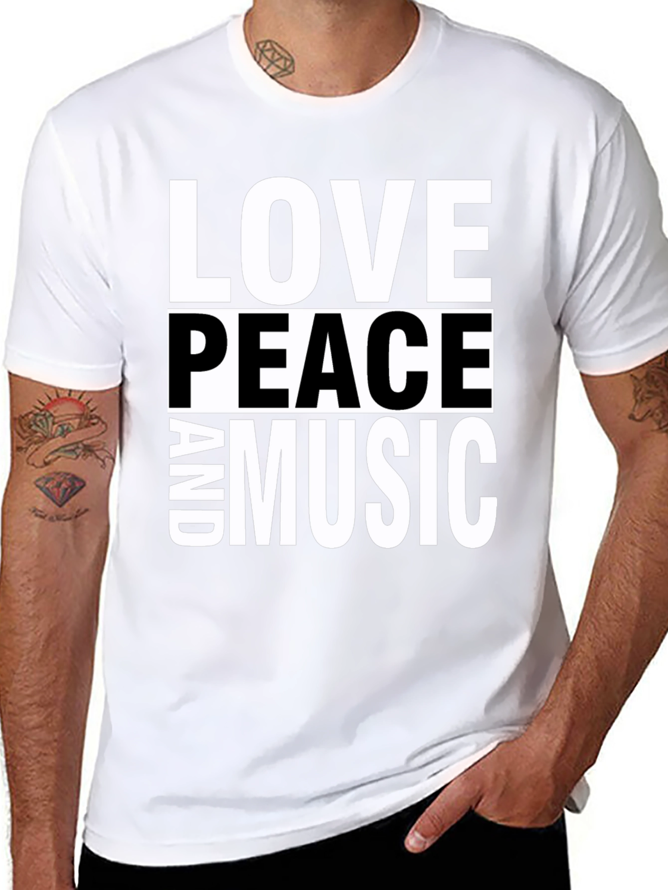 Black Love Peace and Music Black Graphic T-Shirt view 8