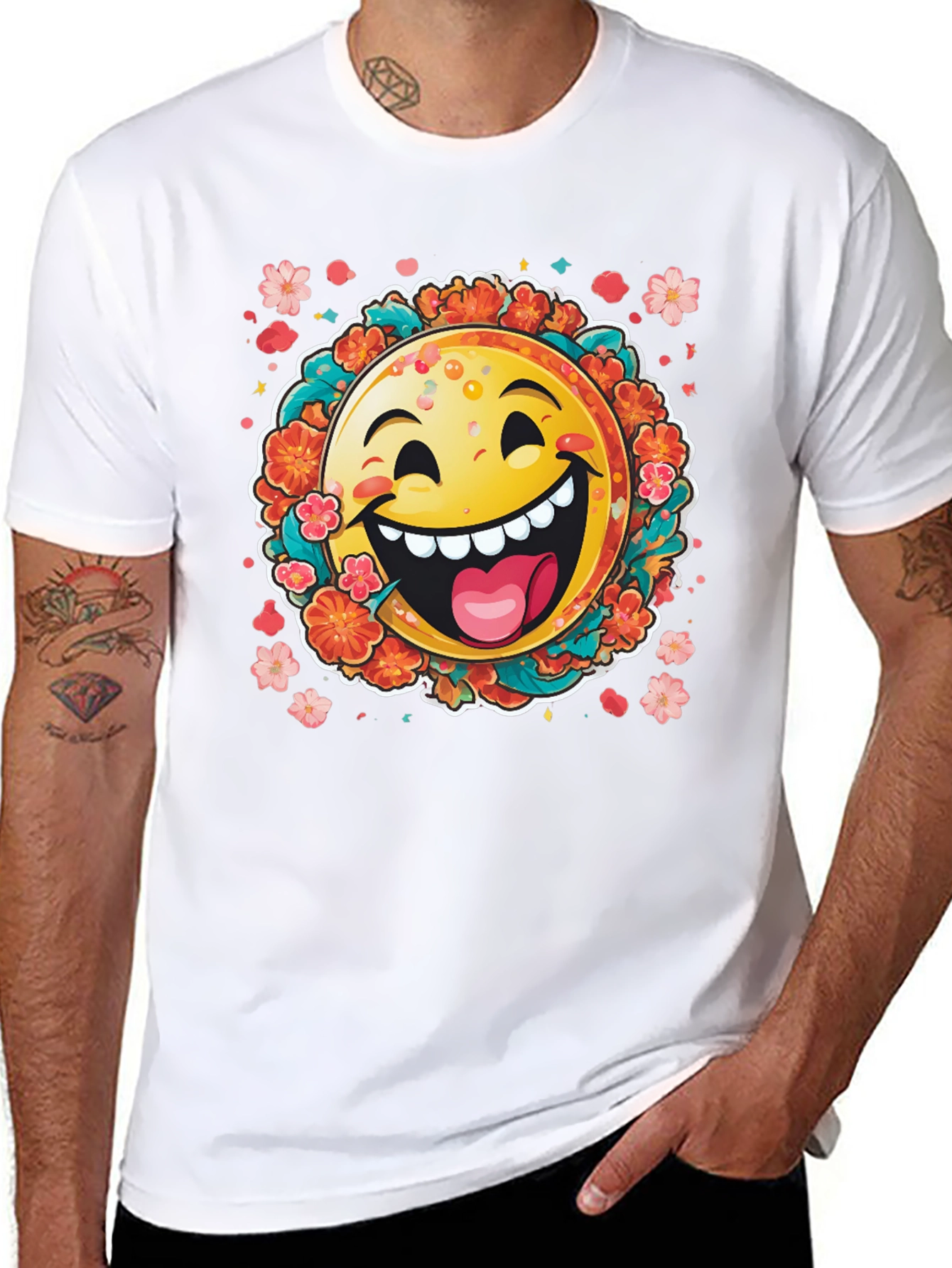 Black Happy Emoji Graphic T-Shirt - Fun Floral Design view 8