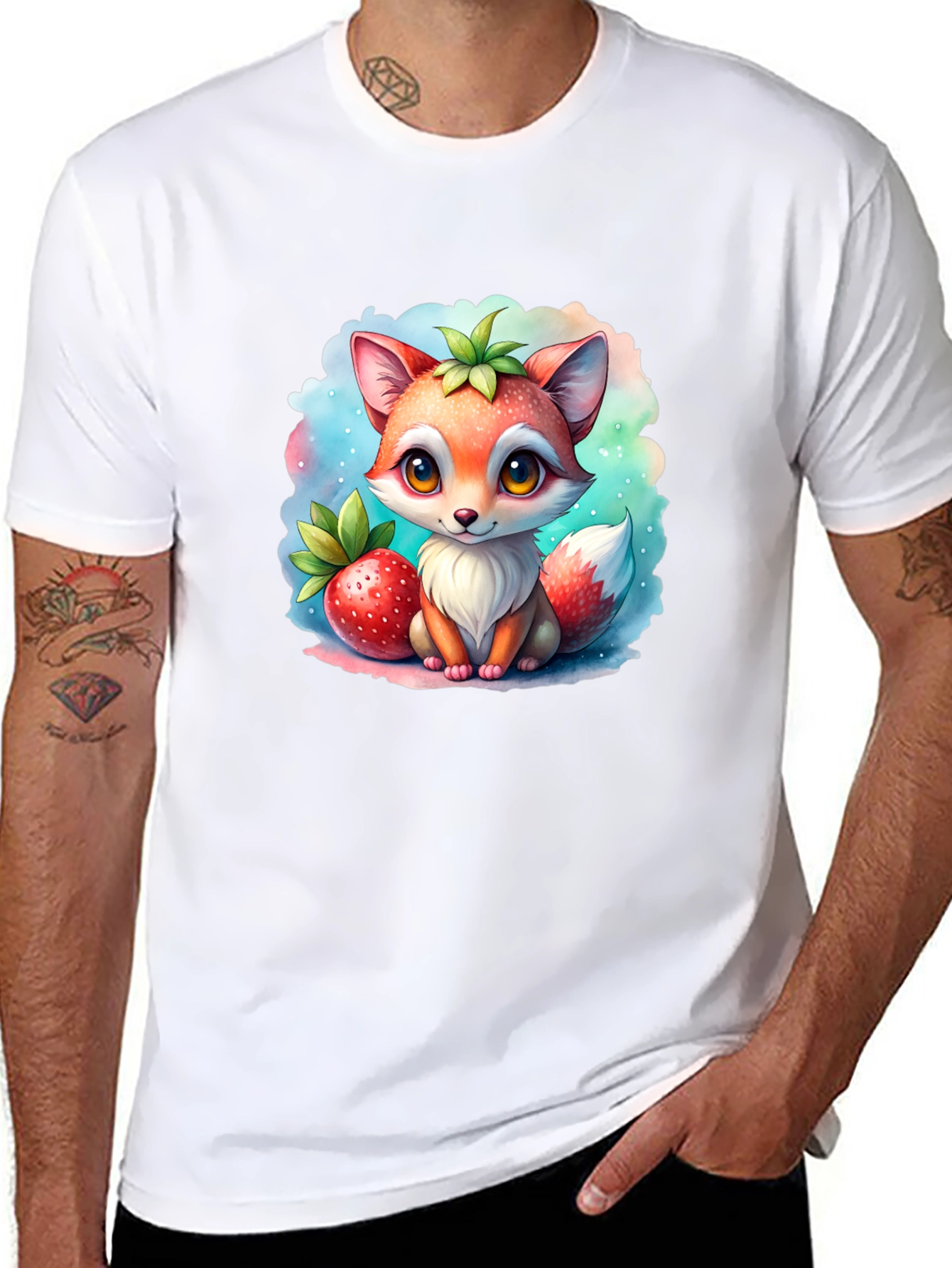 Black Cute Cartoon Fox Strawberry T-Shirt view 8