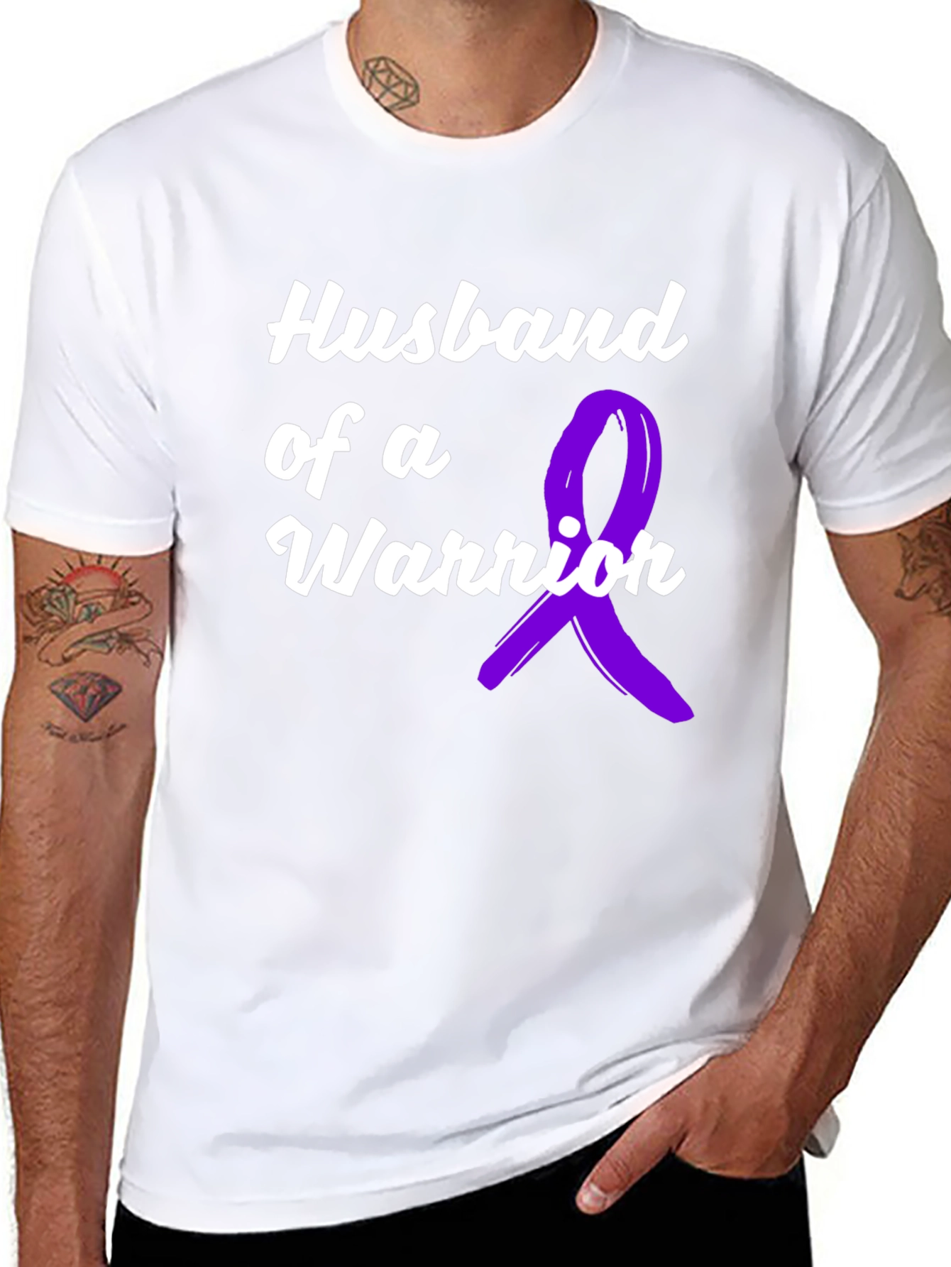 Black Husband of a Warrior Black T-Shirt Awareness Purple Ribbon view 8