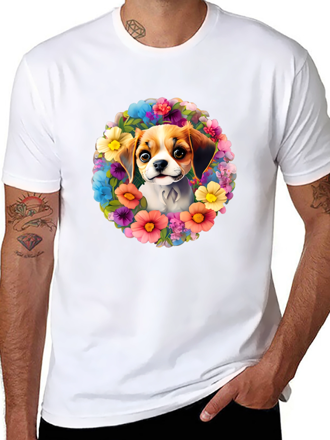 Black Dog Surrounded By Flowers T-shirt view 8