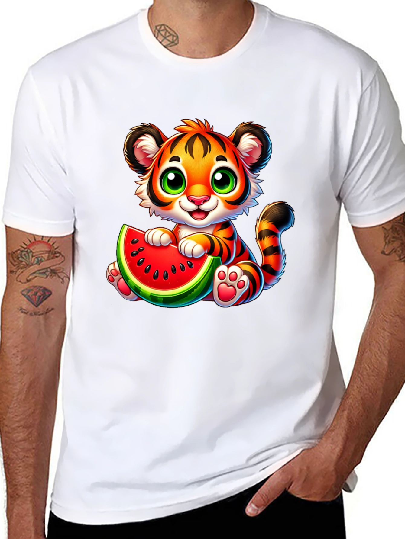 Black Cute Tiger Watermelon Graphic Tee - Fun Summer Style view 8