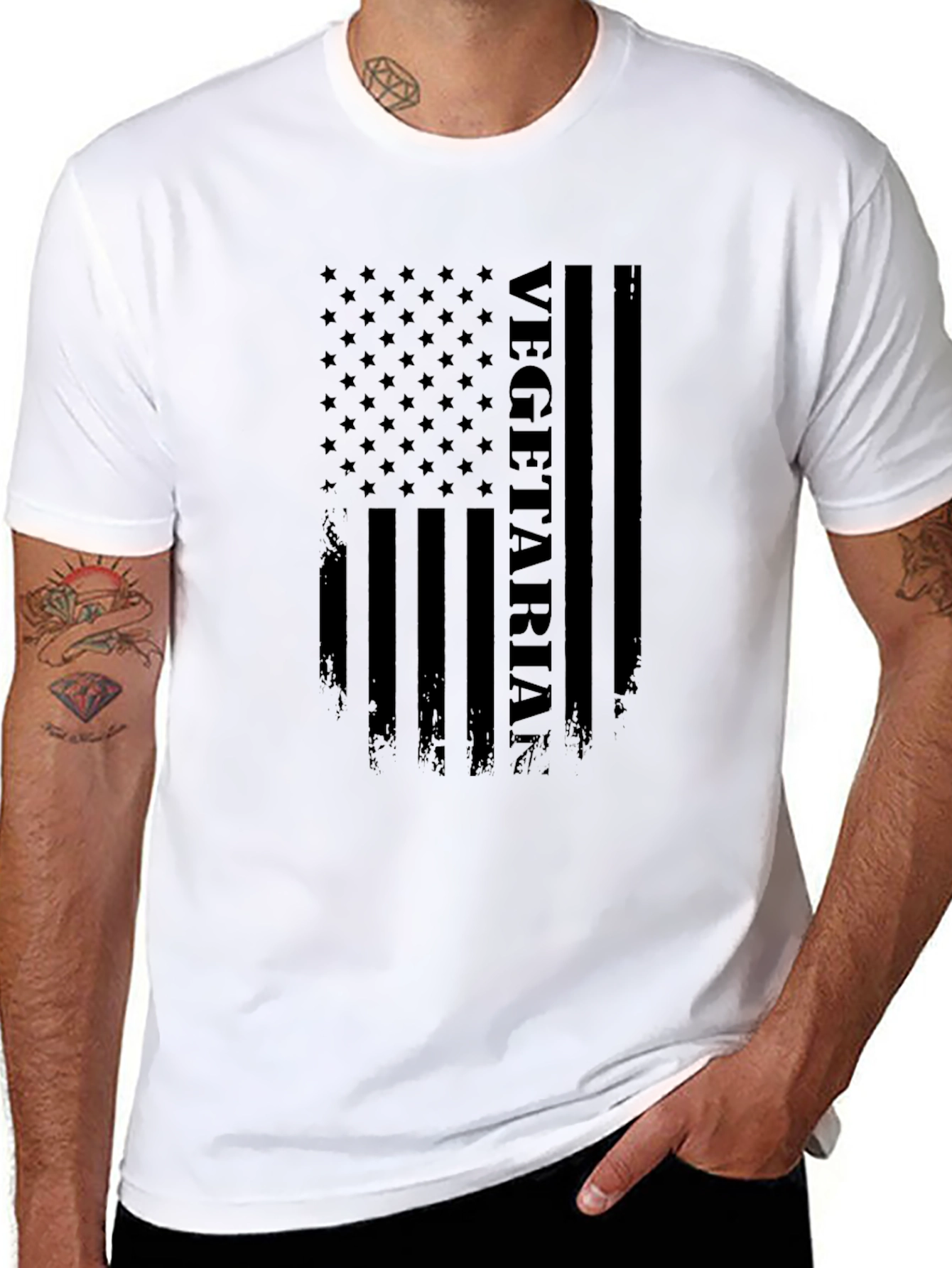Black Vegetarian American Flag Graphic T-Shirt - Black view 8