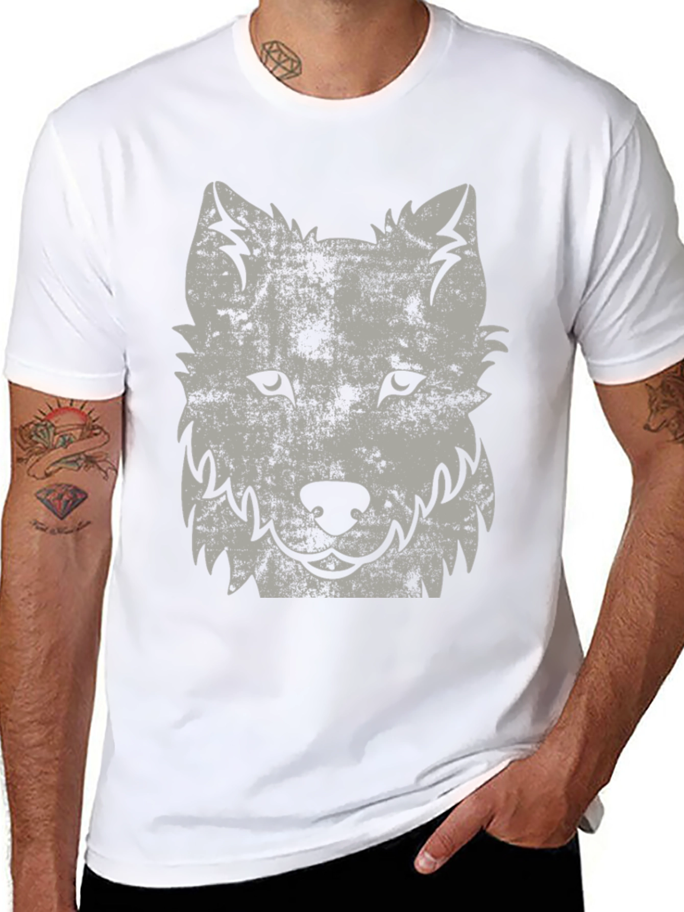 Black Distressed Wolf Graphic Black T-Shirt view 8