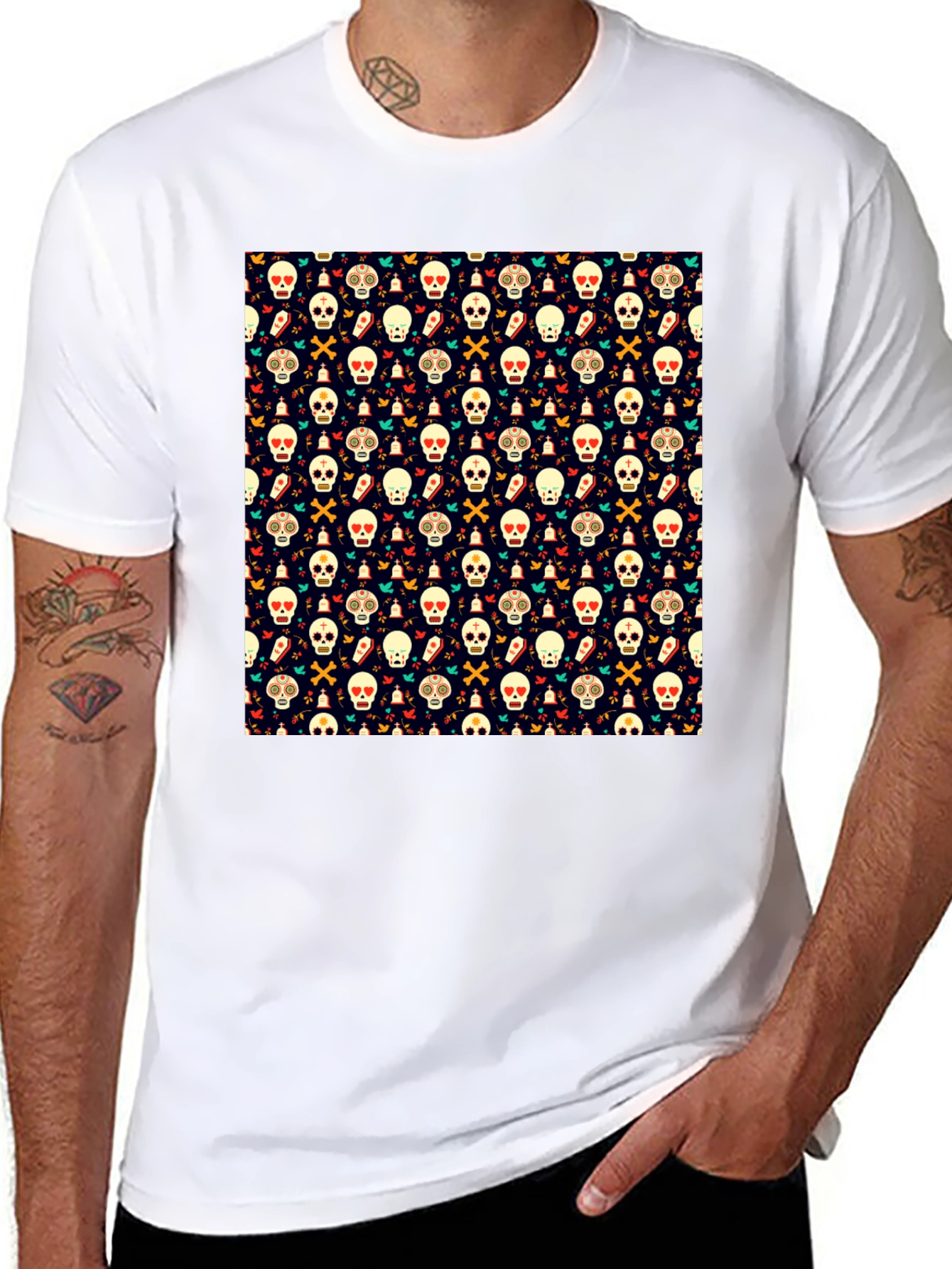 Black Day of the Dead Skull Pattern Black T-Shirt view 8