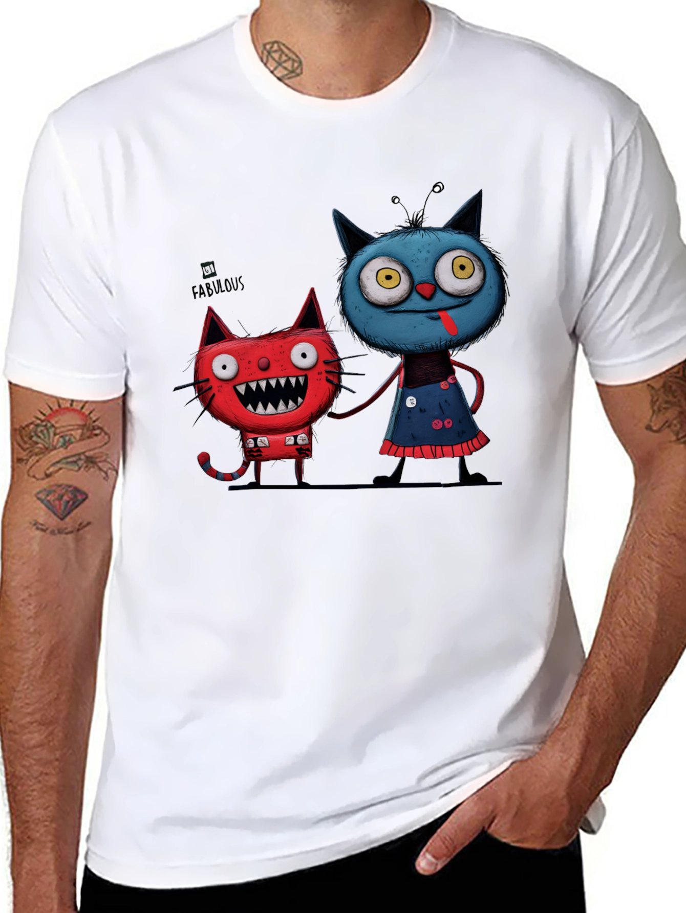 Black Cartoon Cat Graphic Tee - Whimsical Black T-Shirt view 8