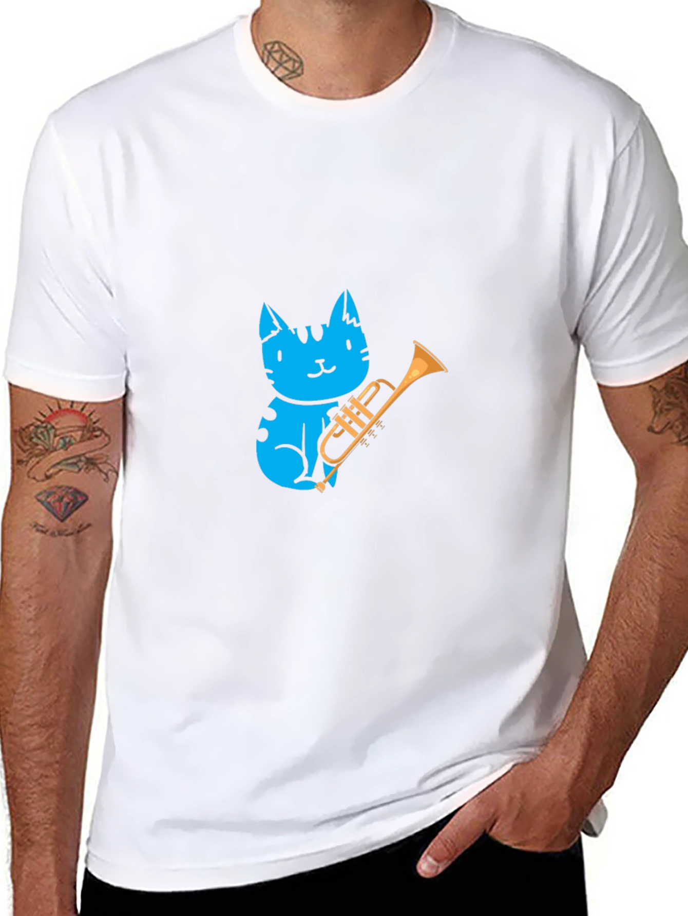 Black Blue Cat Trumpet Player Graphic Tee view 8